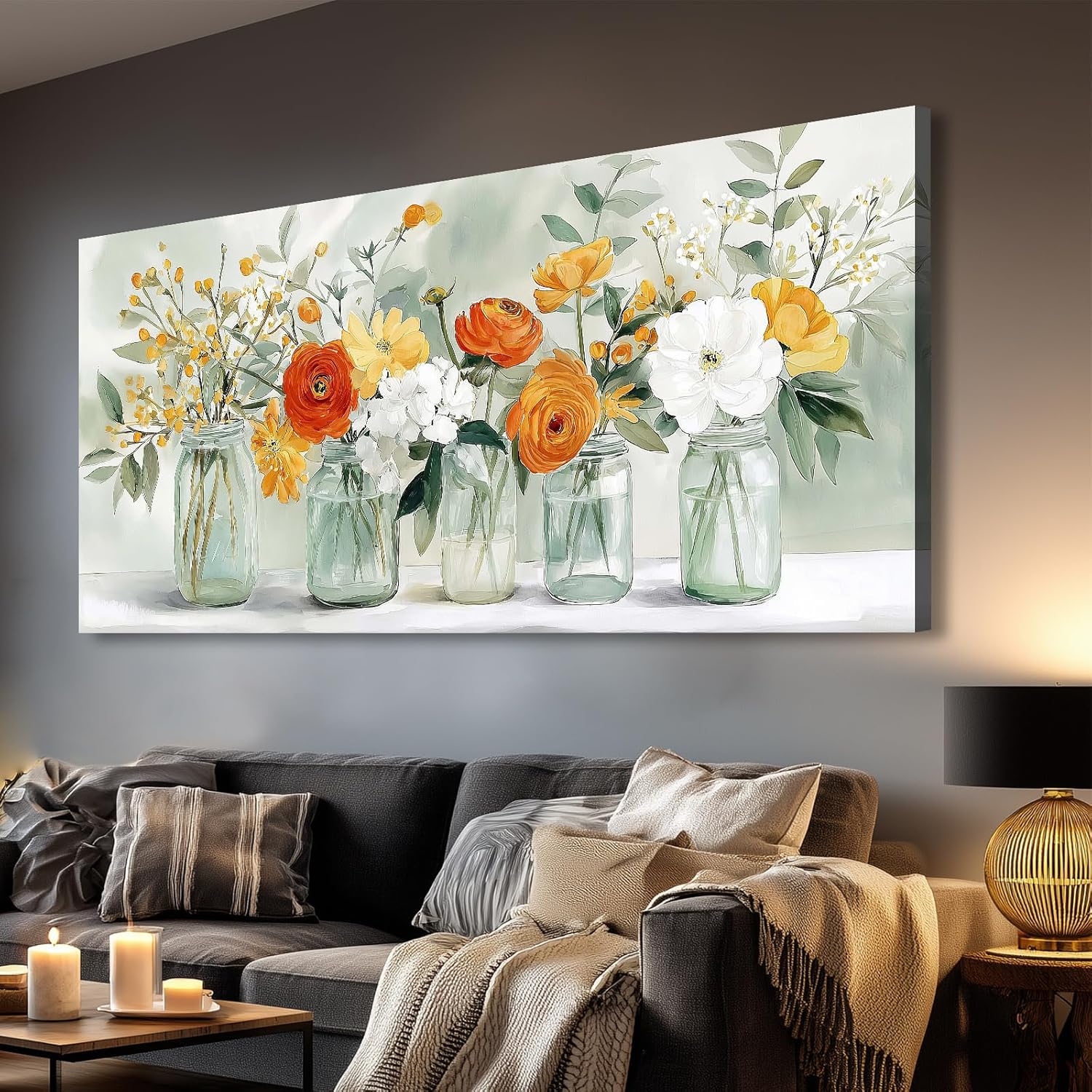 Azatyam Floral prints Mason Jar Flower Wall Art Picture Prints Rustic Wildflowers Glass Bottles Painting for Living Room Bathroom Bedroom Office Farmhouse Botanical Nature Canvas 23"x46"