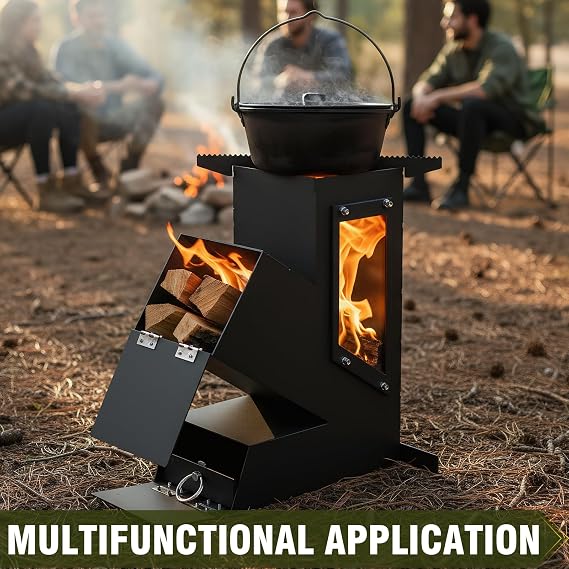 Rocket Stove with Glass Window, Portable Wood Burning Stove for Outdoor Cooking, Heavy Duty Camping Grill, Backyard Cooking Wood Fire Stove for Emergency Survival and Preparedness