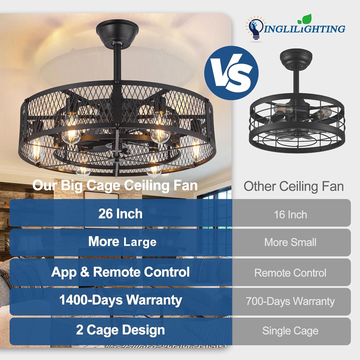 DLLT Caged Ceiling Fan with Lights: 26" Bladeless Fandelier Ceiling Fans with Light and Remote - Black Industrial Chandelier Enclosed Fan Light for Bedroon Living Dining Room Kitchen