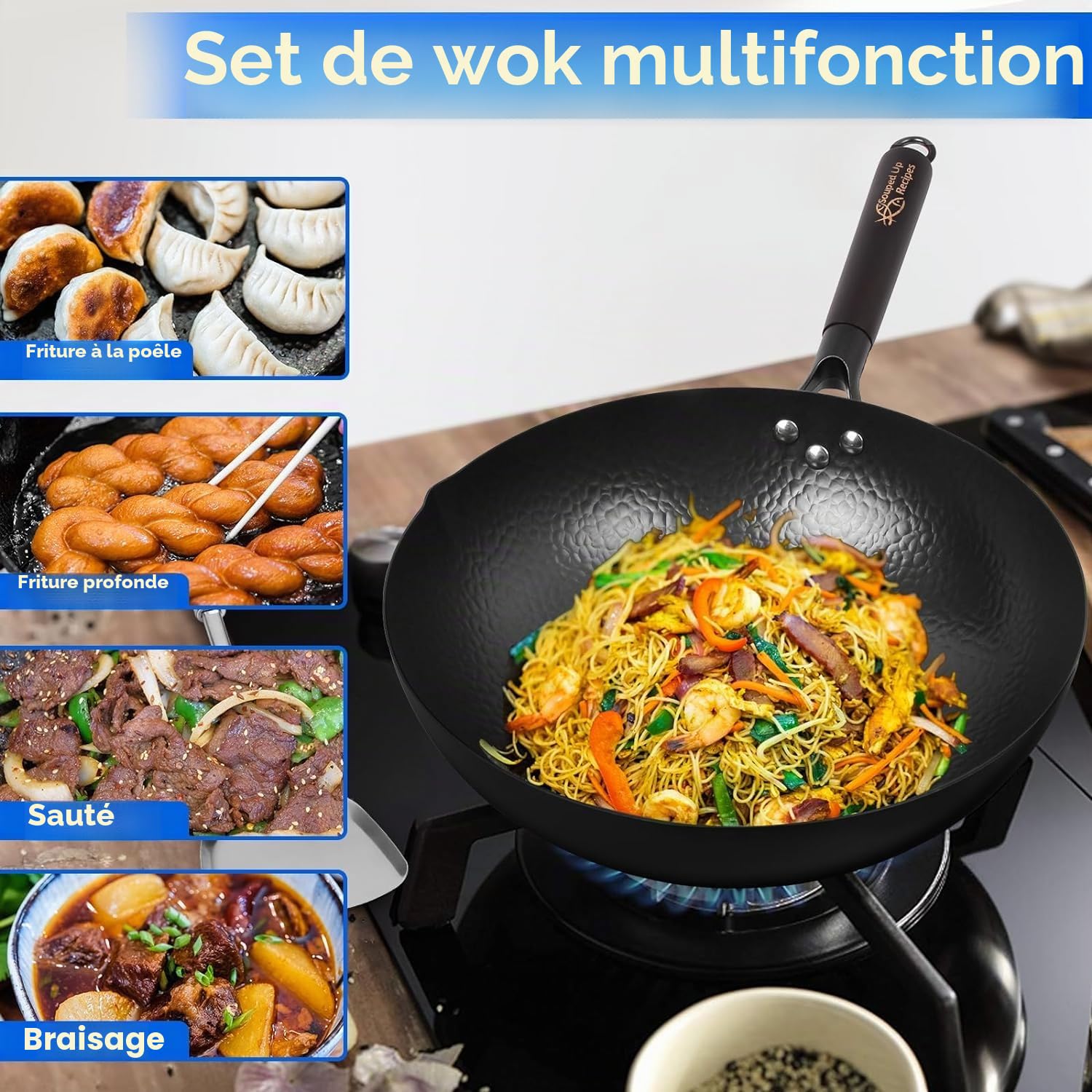 Souped Up Recipes Wok en acier au carbone pour cuisinières électriques, à induction et à gaz (couvercle, spatule et guide d'utilisation vidéo (français non garanti) inclus)