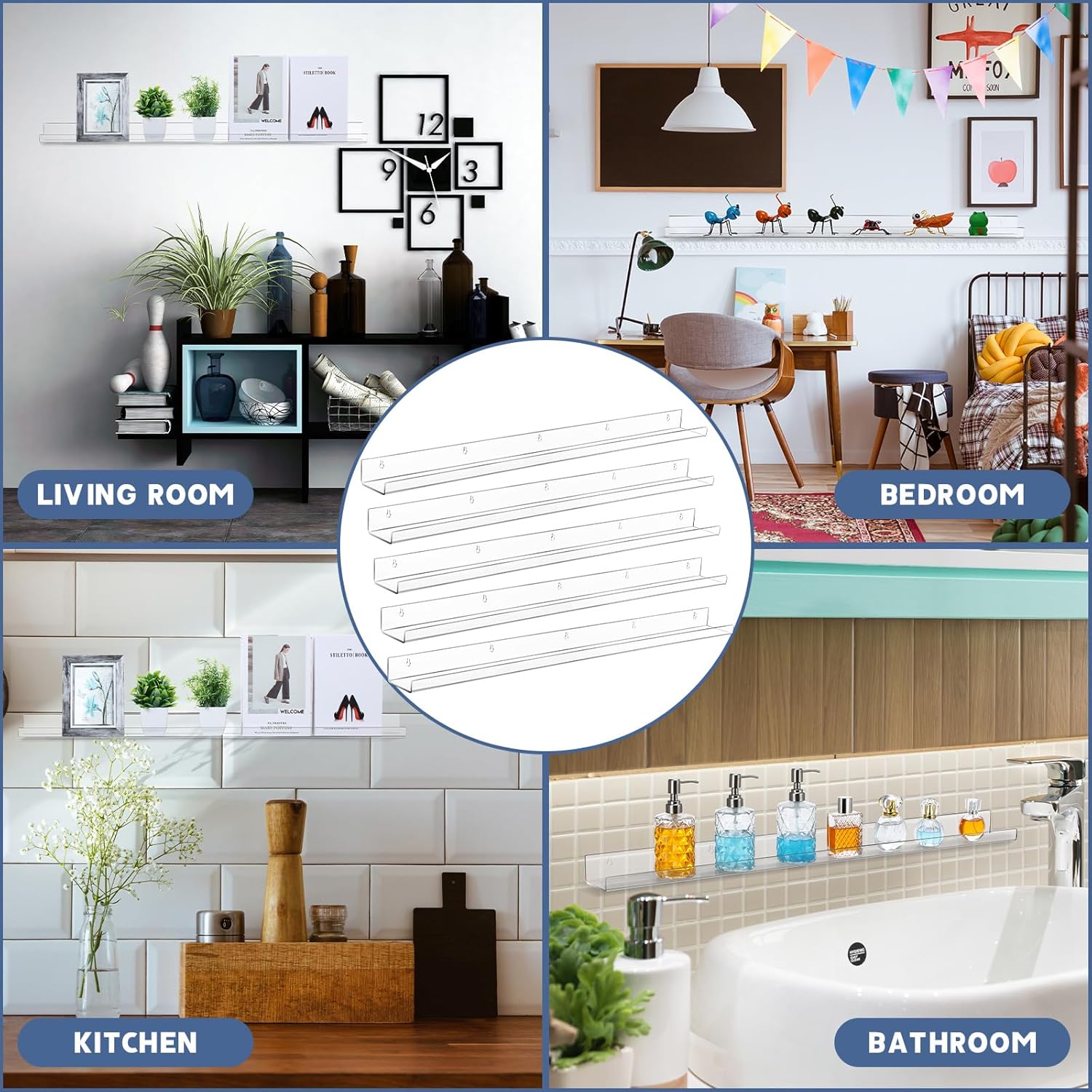 Wesiti 8 Pack Acrylic Floating Shelf 36 Inch Clear Book Display Shelves with Mounting Kit Invisible Floating Wall Ledge Transparent Wall Mounted Bookshelf for Kids Nursery Organizer Storage Decoration