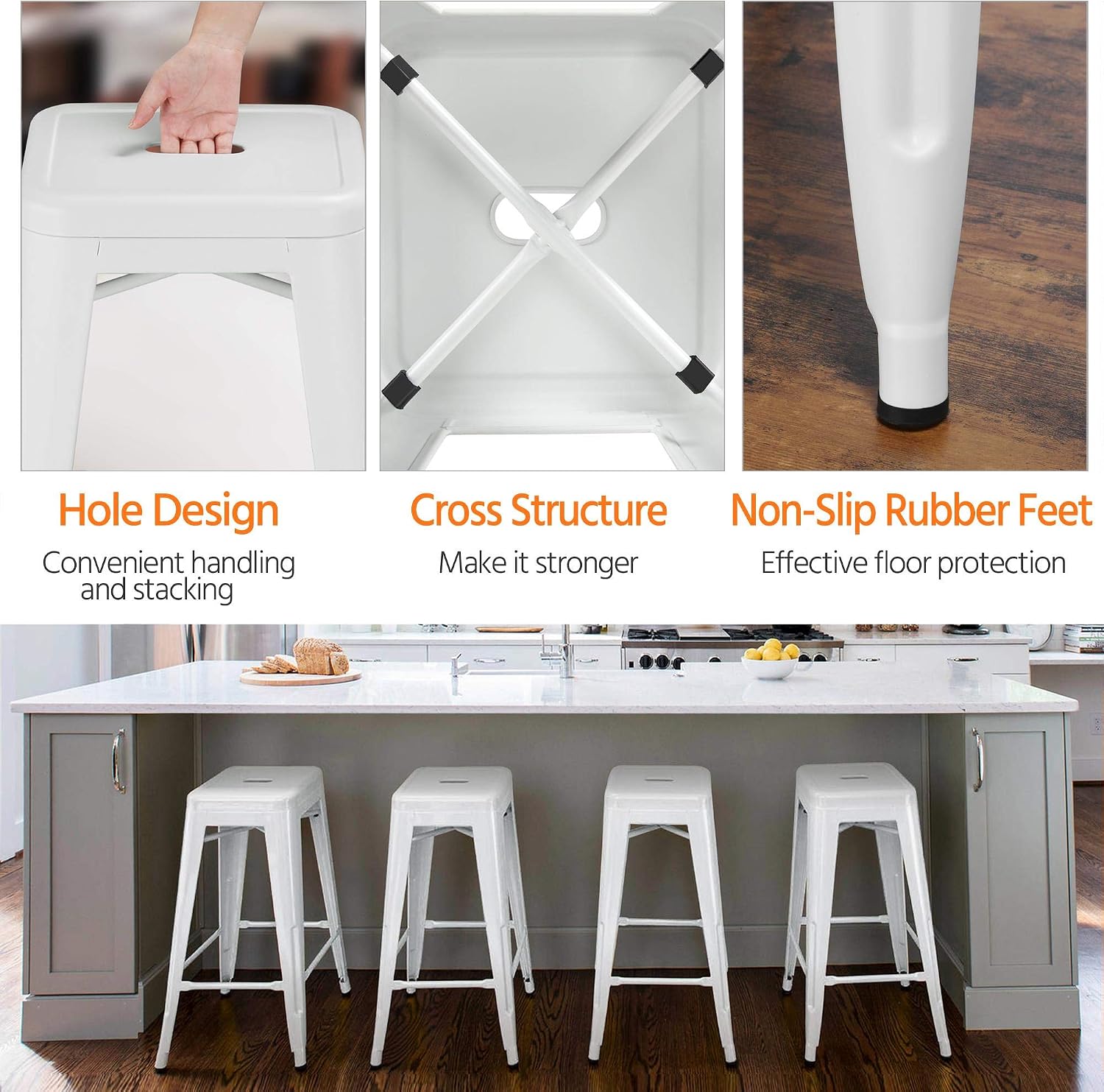 Yaheetech 30 inch Metal Bar Stools Vintage Counter Bar Height Stools Stackable Furniture Industrial Backless Stool Chairs Set of 4, White