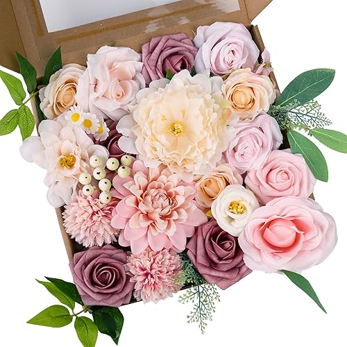 Combo de flores artificiales de seda sintética con tallos para manualidades, ramos de boda, centros de mesa, arreglos de mesa, decoración de novia,