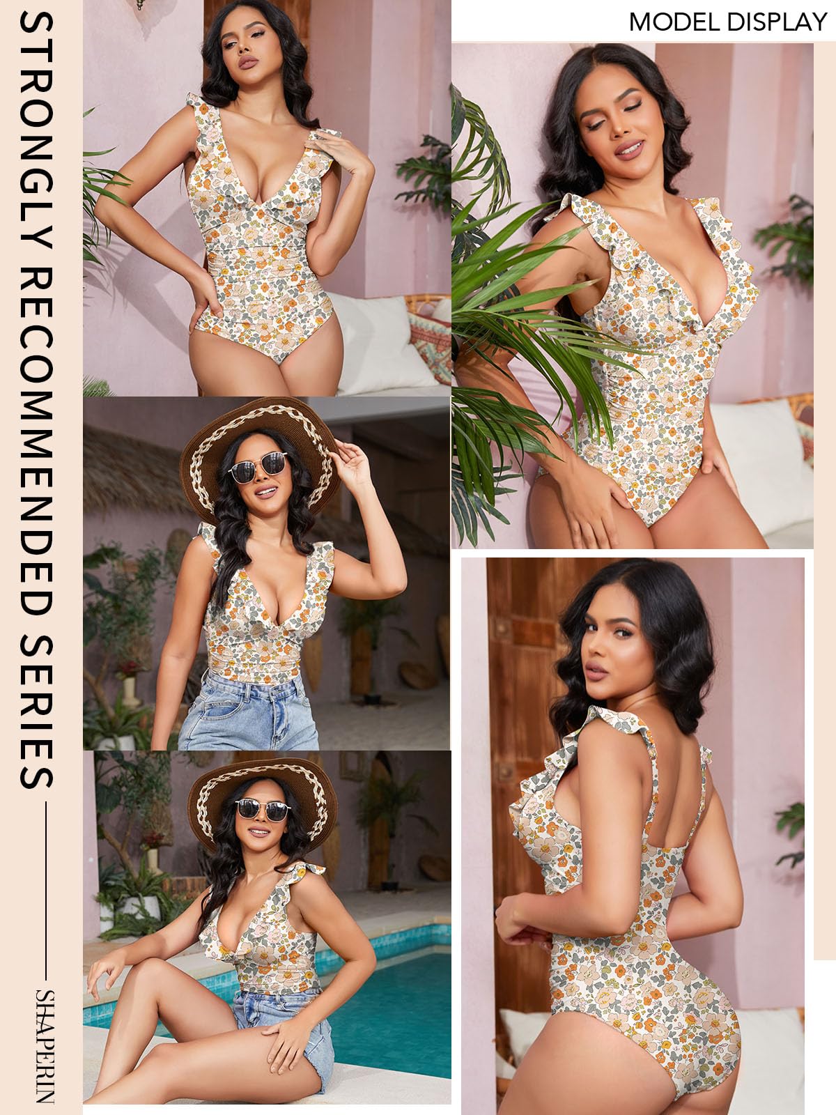 SHAPERIN Femme Maillot de Bain Une Pièce Ventre Plat Maillot de Bain à Volant Ruched Monokini Amincissante Swimsuit Col V Profond