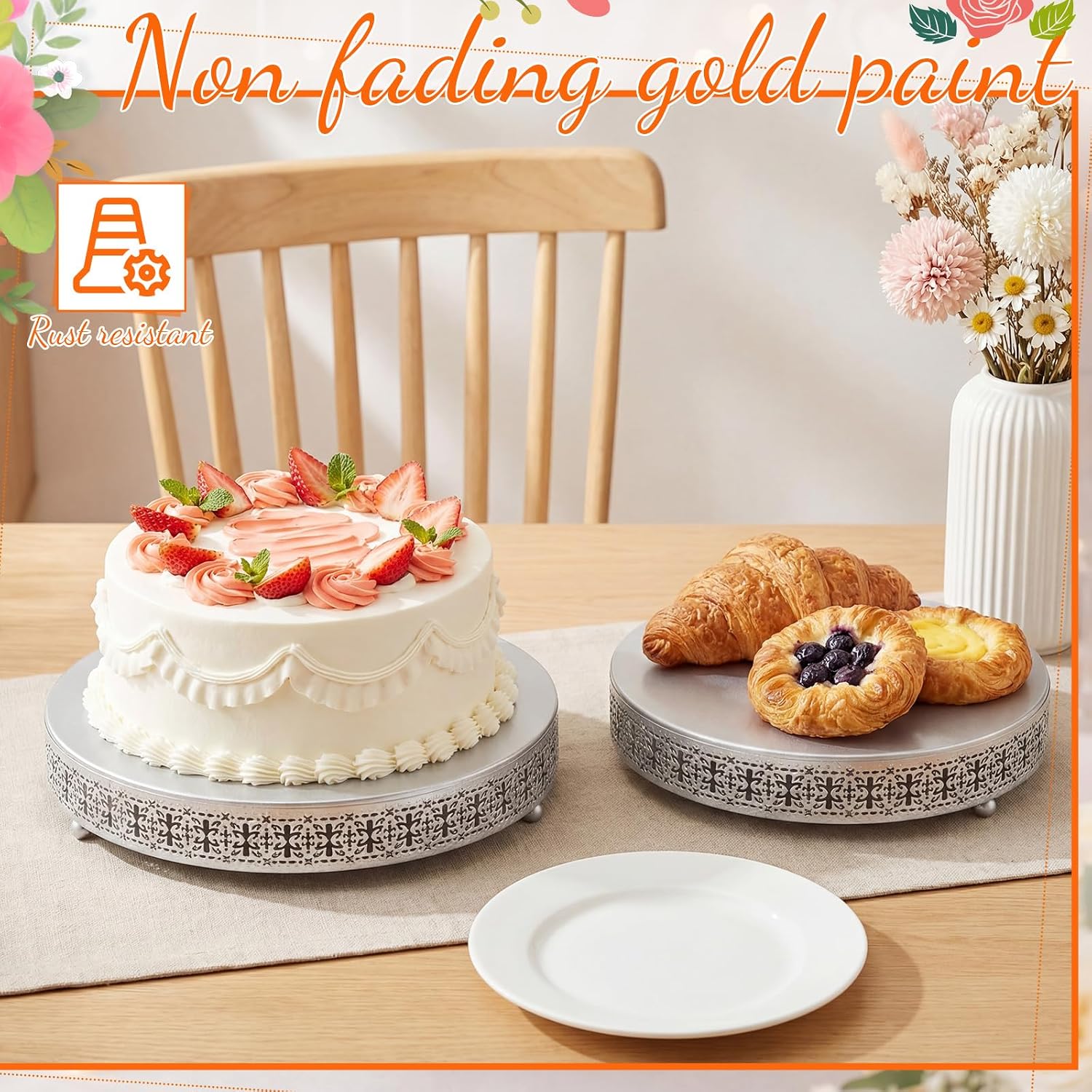 Wenqik 2 Pcs Silver Metal Cake Stand, 14" 16" Large Round Cupcake Stand image 4