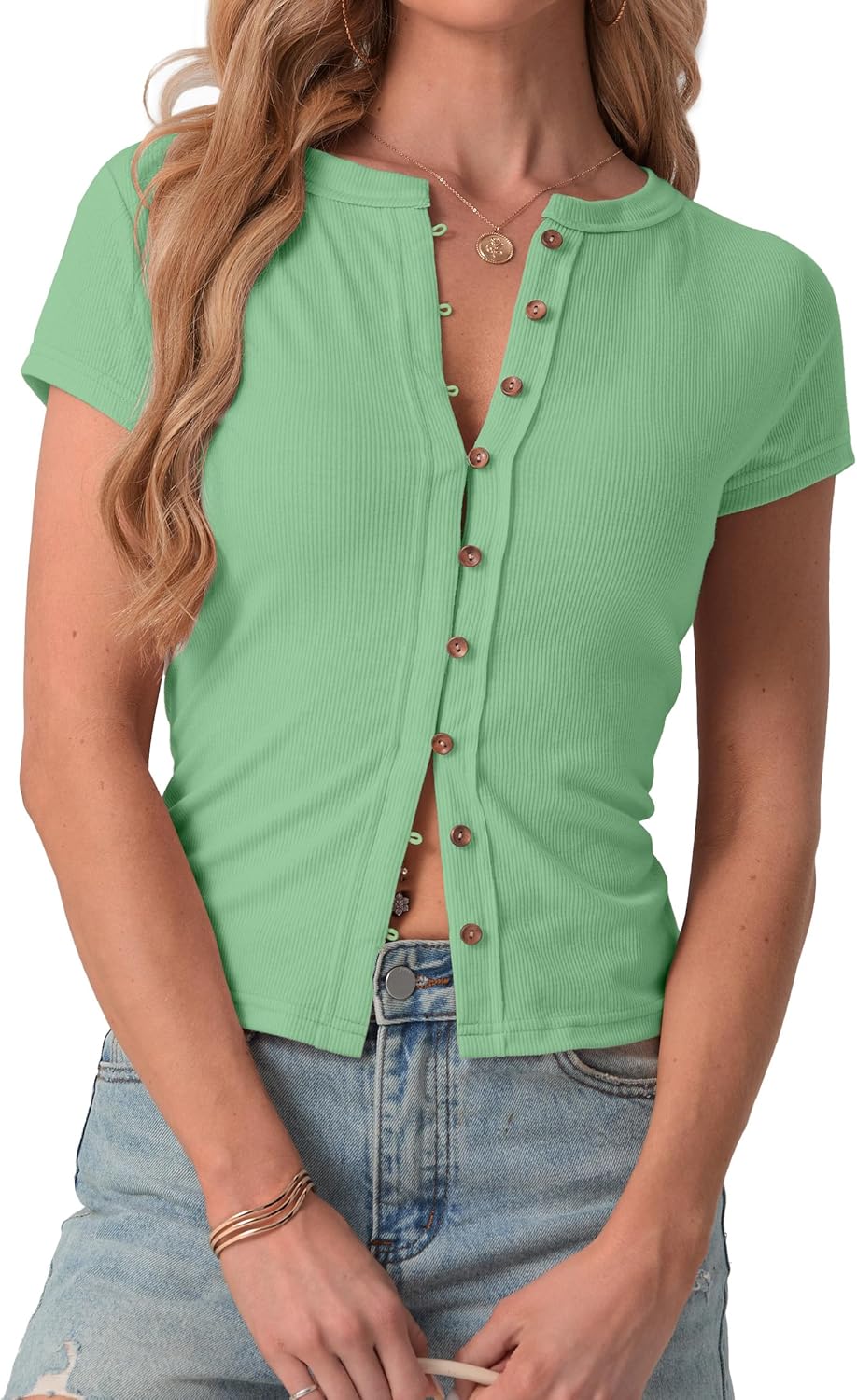 IWOLLENCE Womens Casual Lightweight Ribbed Knit Short Sleeve Tops Crewneck Button Down Shirt Slim Fit Y2K Cardigan - Image 2