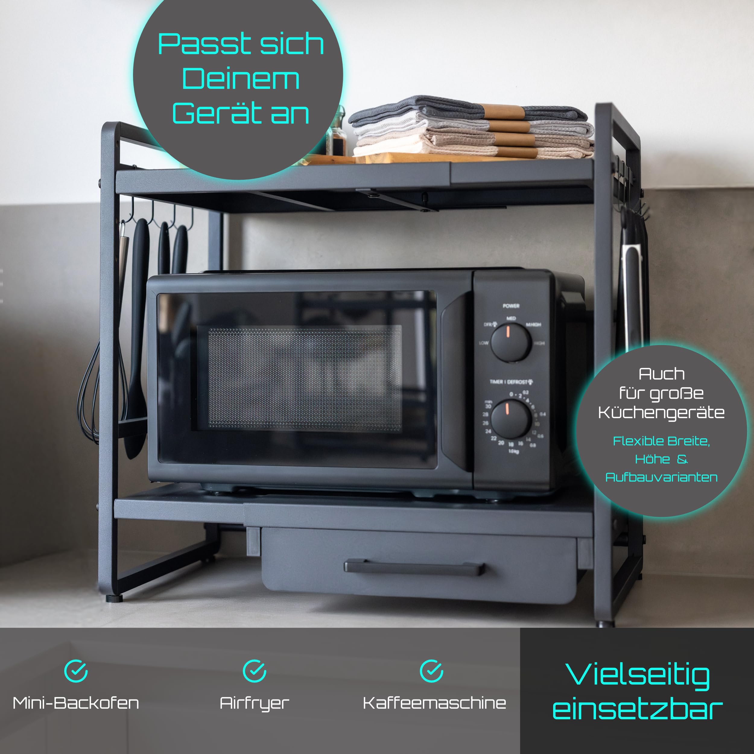 Mikrowellenregal mit Schublade höhenverstellbar, Regal Mikrowelle schwarz | Küchenorganizer Regal für Arbeitsplatte, stabil bis 50kg, erweiterbar 40-64cm, Küchenregal für maximale Ordnung in der Küche