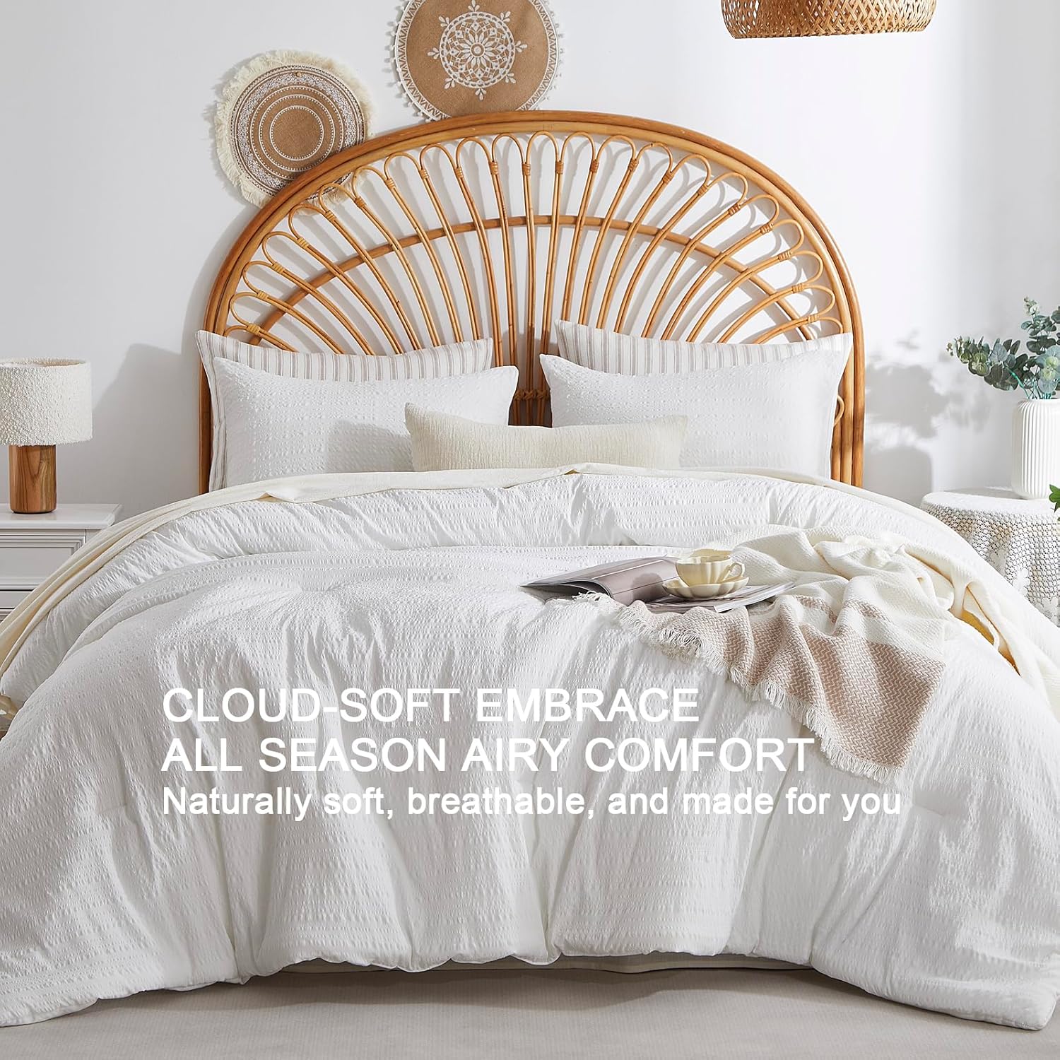 White Boho Seersucker Comforter Set Queen Size,Textured Lightweight Breathable Bedding 1 Comforter& 2 Shams
