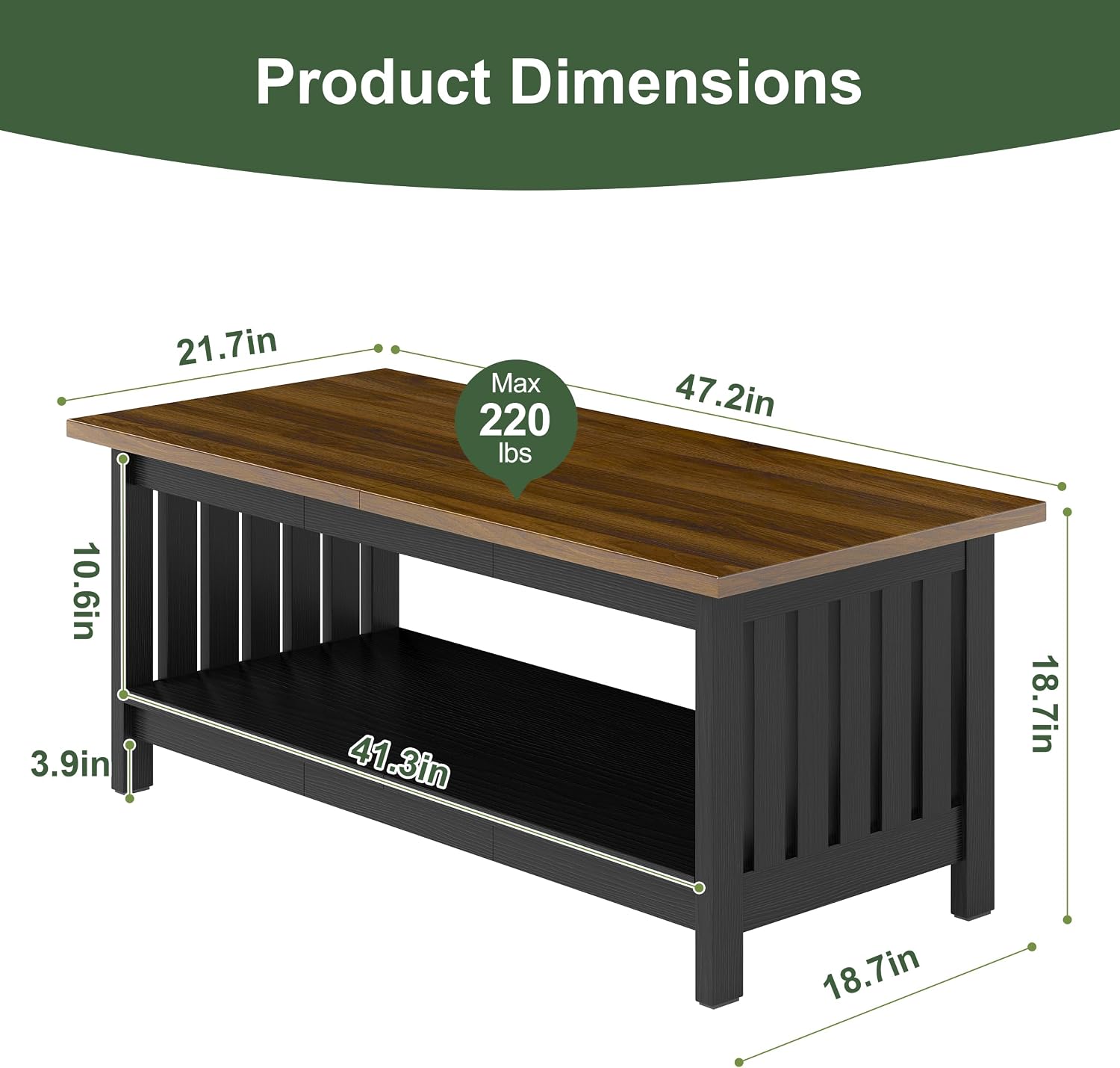 YOSHOOT 47.2" Farmhouse Coffee Table - Coffee Tables for Living Room, Small Coffee Table with Storage, Center Table for Living Room, Bedroom, Office, Black