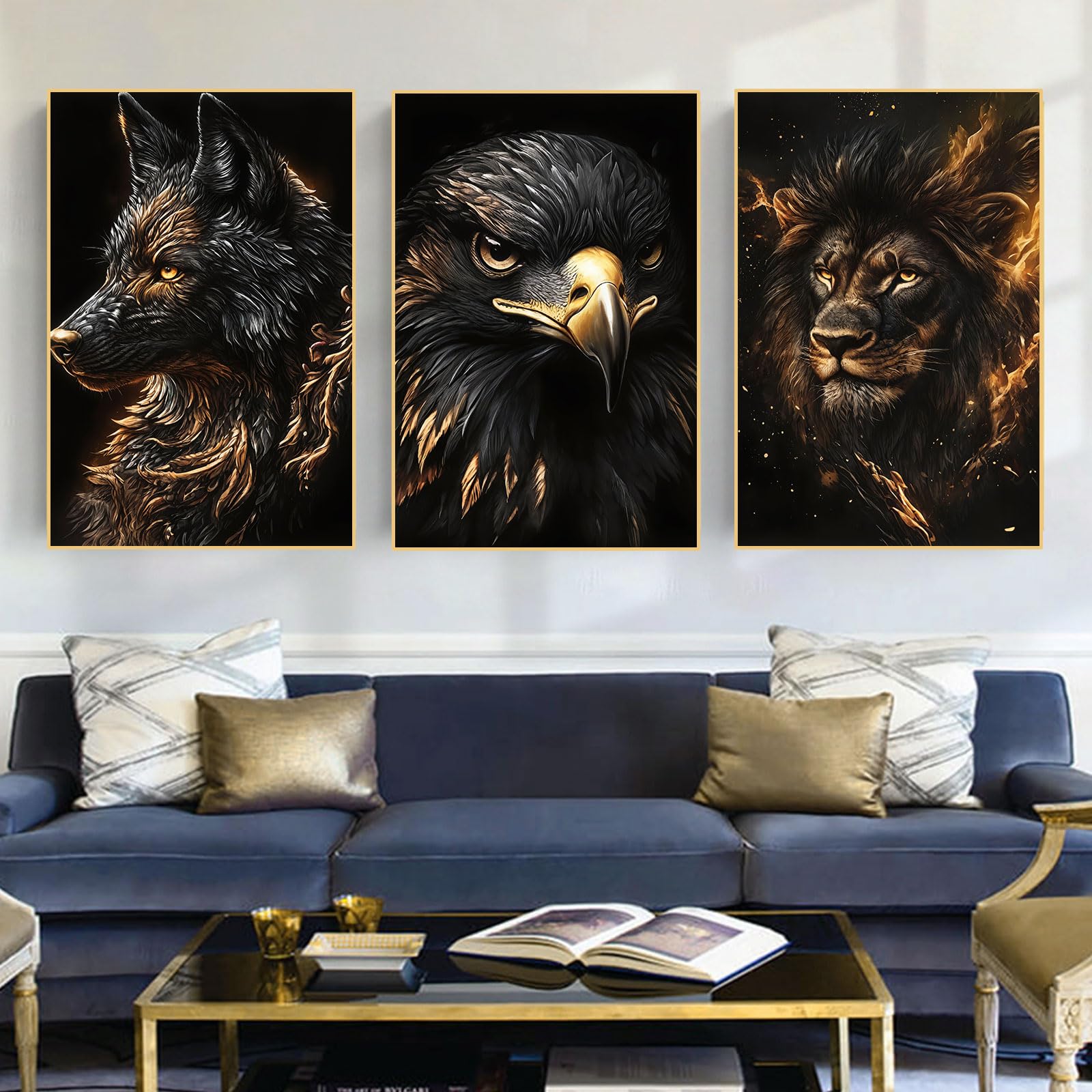 Wilde tiere Bilder Schwarz Gold Tier Poster, Löwe Bilder Moderne Wolf und Adler Kunst Leinwand für Wohnzimmer Wohnkultur Dekor Kein Rahmen (Schwarzes Gold-B, 60x90cm*3, Ungerahmt)