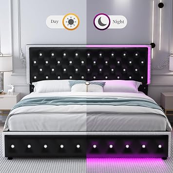 SIBEDS Full Led Bed Frame with 2 Drawers, Upholstered Platform Storage Bed Frames Full Size with Crystal Button Tufted Headboard Footboard, Solid Slats, No Box Spring Needed, Easy Assembly, PU Black
