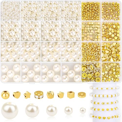 Miniatura 8 de Audab Kit de fabricación de pulseras, 1332 cuentas de perlas y cuentas espaciadoras doradas para hacer pulseras y hacer joyas para adultos