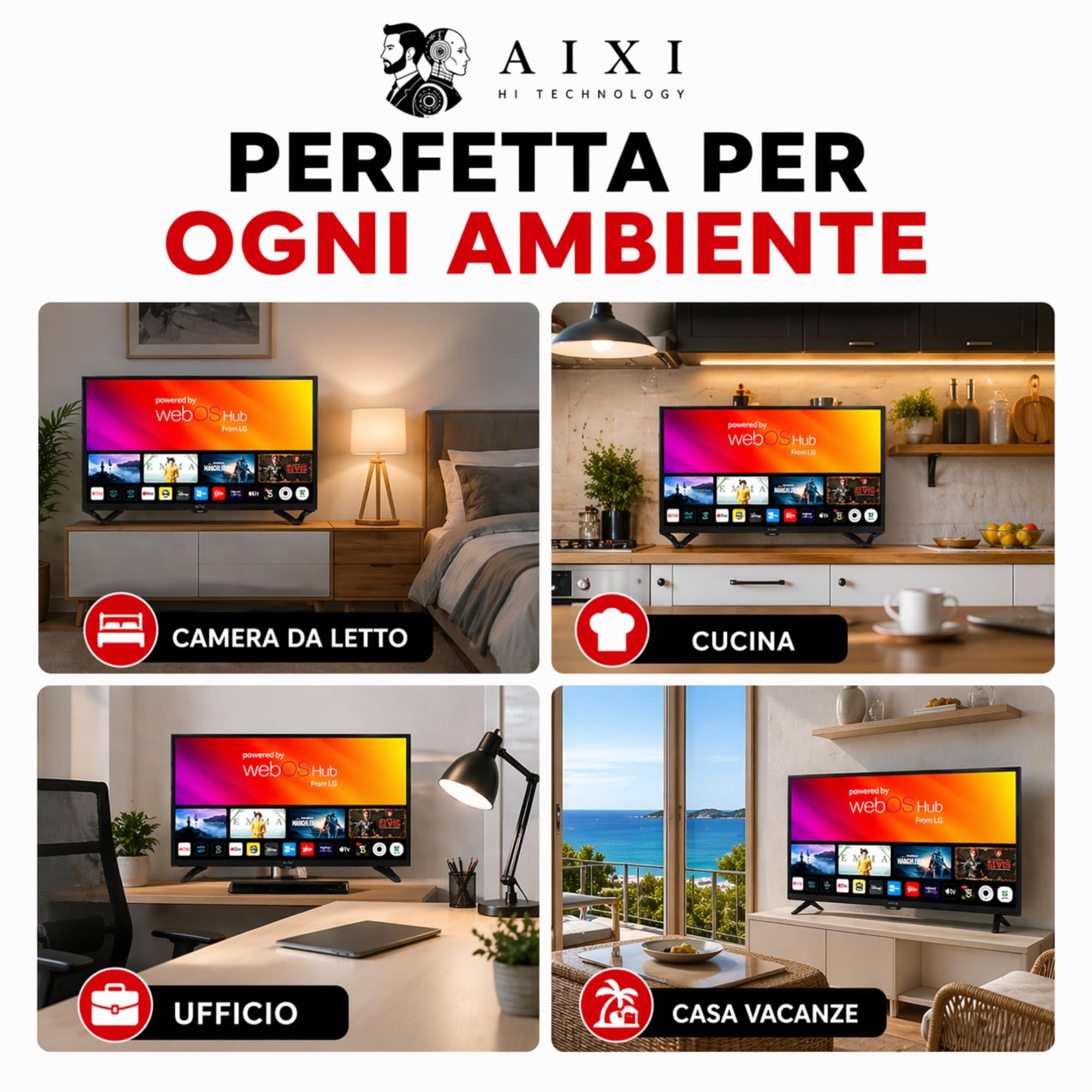Generico Smart TV 32" - HD Ready (1366×768), Wifi, Bluetooth, 2 USB - 3 HDMI, Sistema WebOS hub, oltre 6000 Film Documentari Inclusi - App Integrate, Telecomando