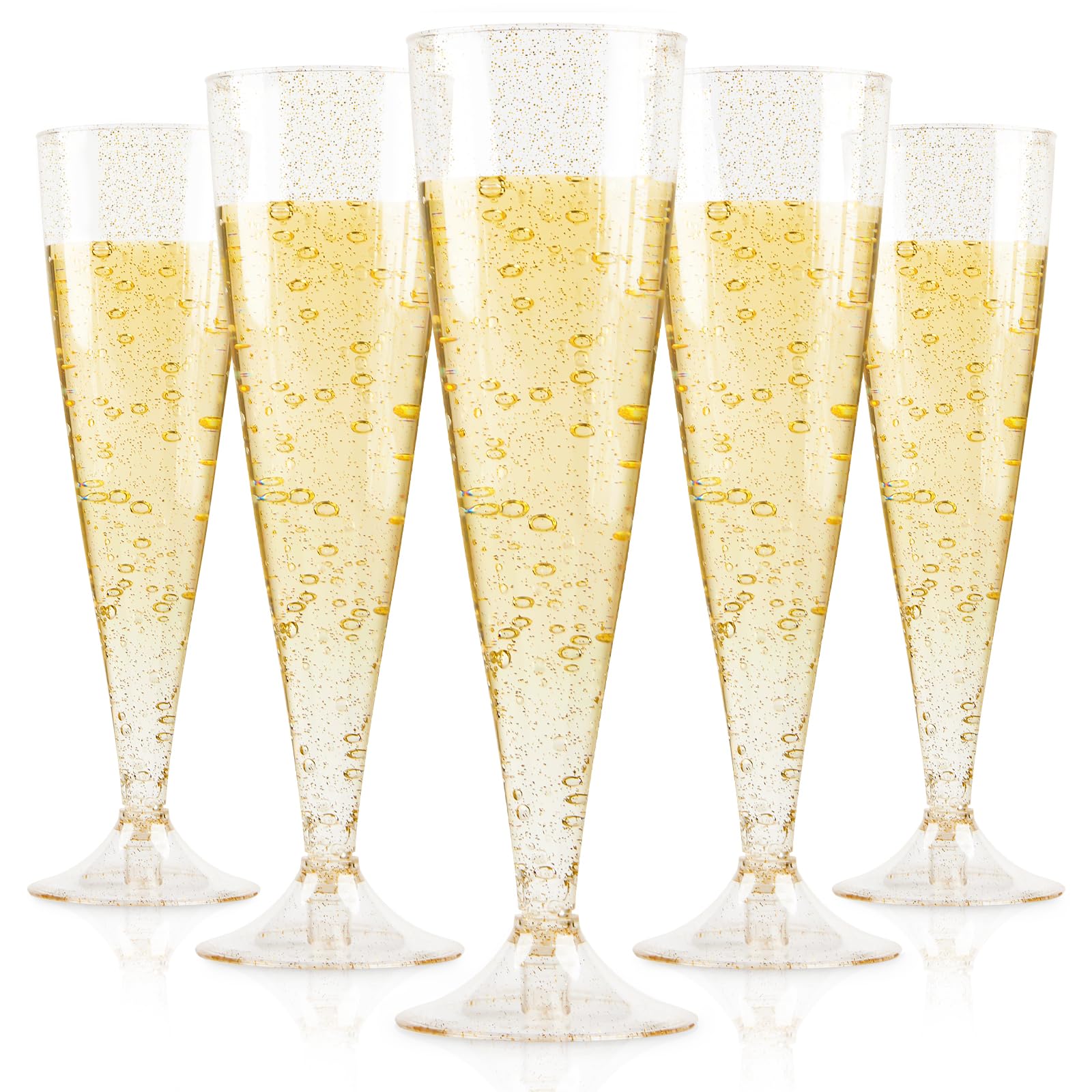 Qeirudu 50 Pack Gold Glitter Plastic Champagne Flutes, 4.5 oz Disposable Champagne Glasses Shatterproof Cocktail Cups for Christmas Party Wedding Shower Mimosa Bar Supplies