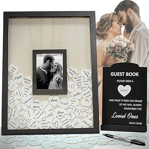 Alternativa para libro de invitados de boda, marco de fotos negro de 12 x 16 pulgadas con 70 corazones de madera, letrero de memoria personalizado