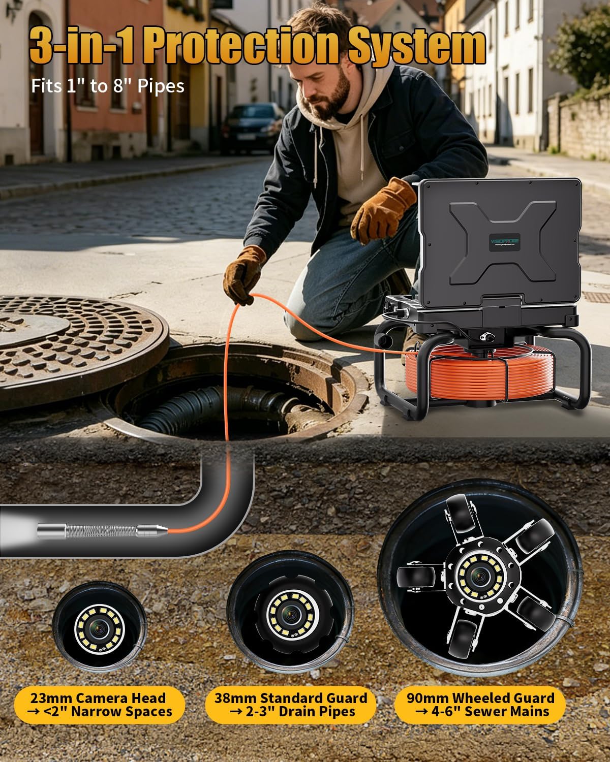 Self Leveling Sewer Camera 100ft with 512Hz Sonde, 9" IPS 1080P Pipe Inspection Camera with Distance Counter, 32G DVR, 5mm Cable, 23mm IP68 Waterproof Probe, Plumbing Drain Endoscope for Plumbers