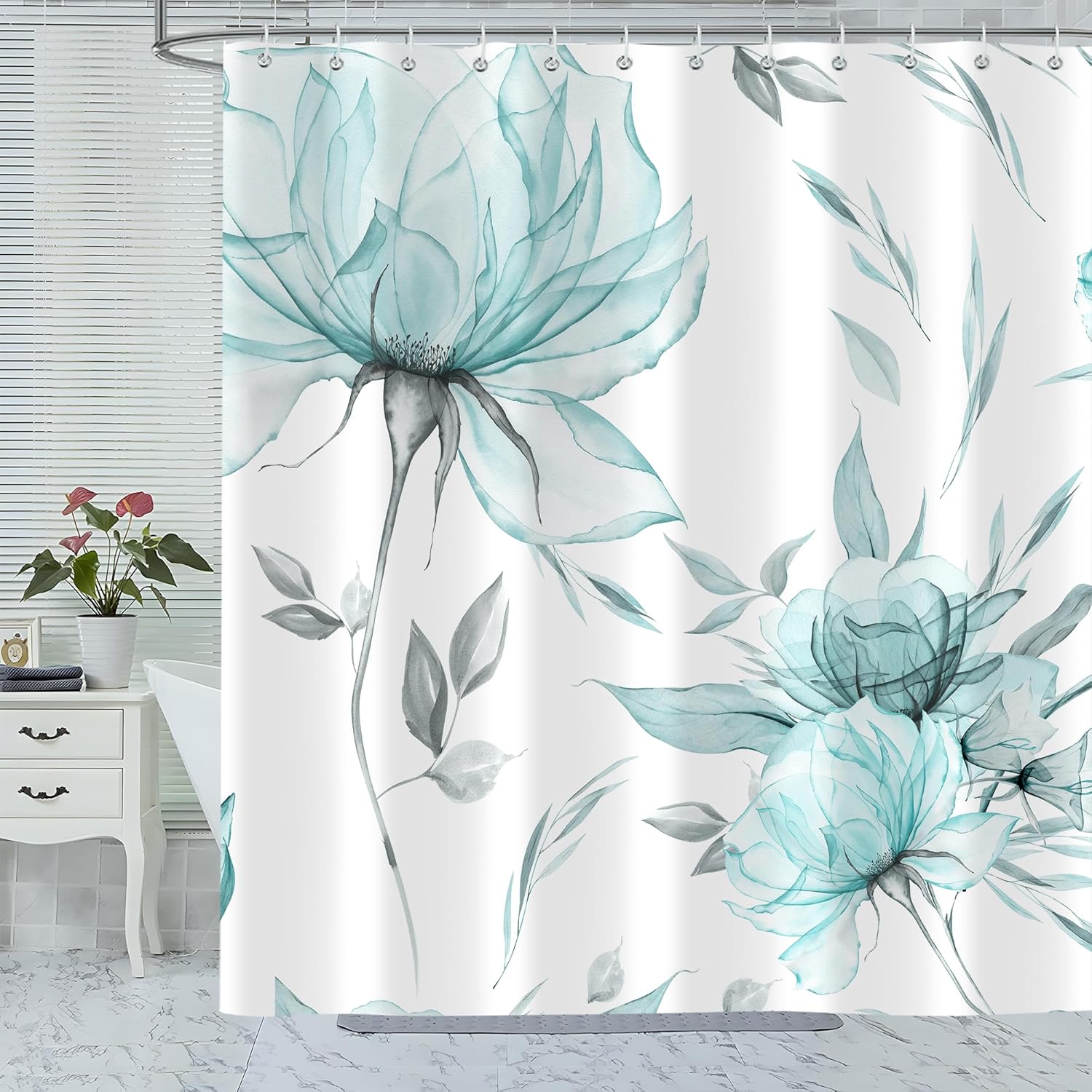 Teal Grey Watercolor Floral Shower Curtain, Flower Leaves Minimalist Aesthetic Art Shower Curtains for Bathroom Sets Decor, Waterproof Polyester Cloth Fabric with 12 Hooks,72x84 Inch