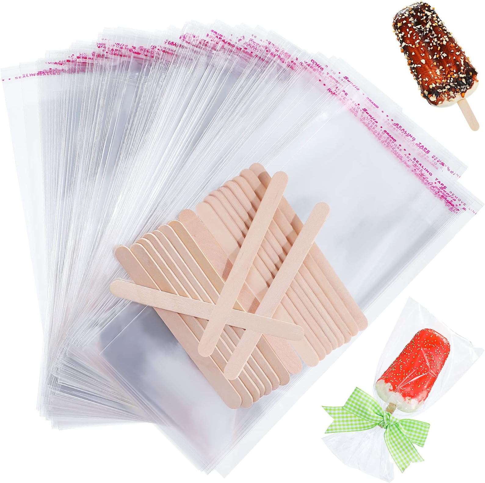 Patelai 300 Pcs Ice Lolly Sticks and Plastic Bags Set, Clear Self-adhesive Plastic Bags and Ice Lolly Sticks for Family Gathering Summer Party, 4.49 Inch, 8.27 x 3.15 Inch