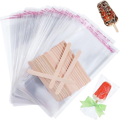 Patelai Juego de 300 palitos de hielo y bolsas de plástico, bolsas de plástico autoadhesivas transparentes y palitos de paletas de hielo para