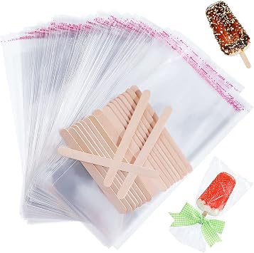 Patelai 300 Pcs Ice Lolly Sticks and Plastic Bags Set, Clear Self-adhesive Plastic Bags and Ice Lolly Sticks for Family Gathering Summer Party, 4.49 Inch, 8.27 x 3.15 Inch