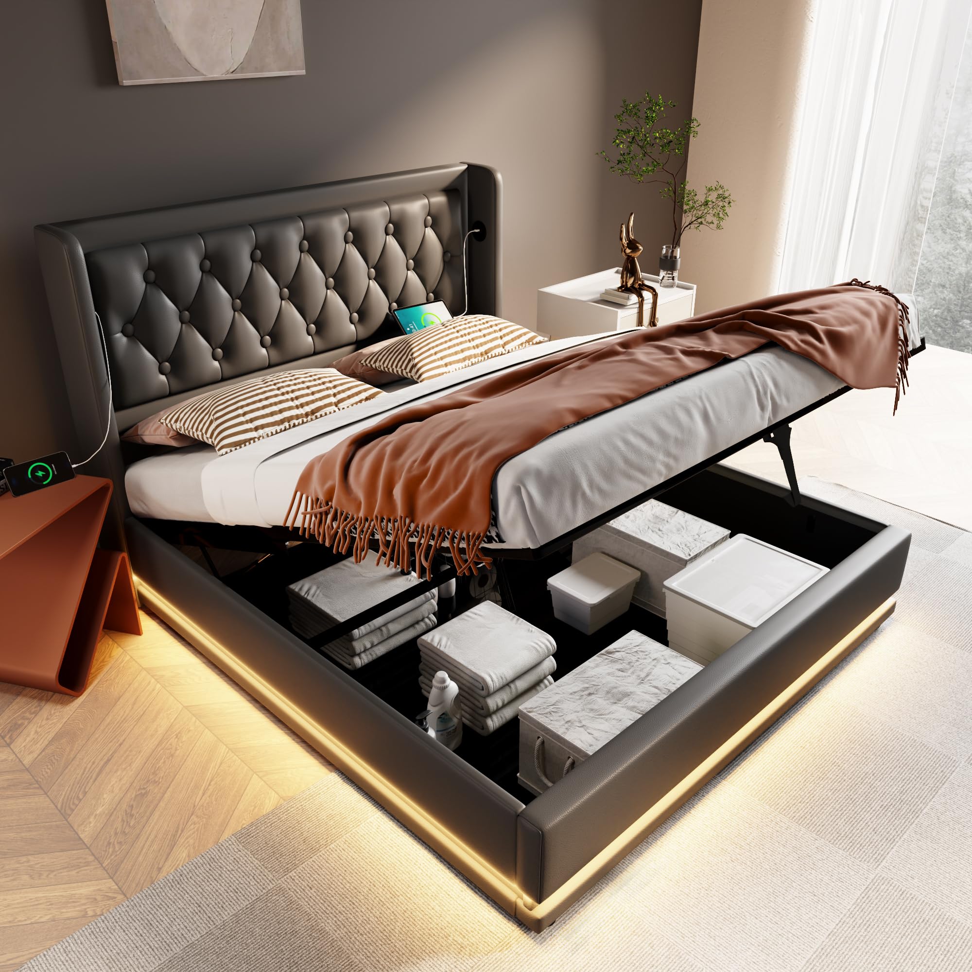 Struttura Letto Matrimoniale Queen Size Imbottita Con LED E Porte USB - Letto Sollevabile Nero Con Contenitore E Illuminazione Ambientale, 140x200 Cm - 2