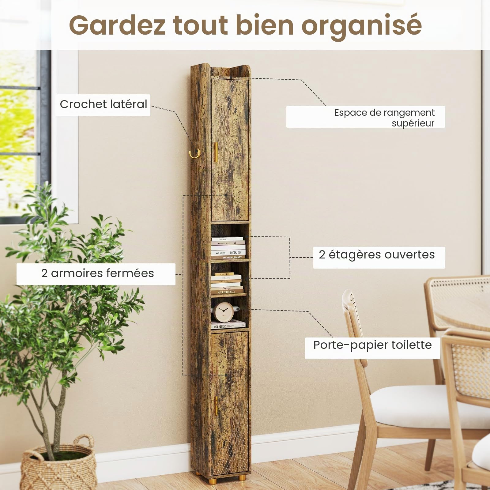 GIANTEX Colonne Salle de Bain Haute, Petit Meuble de Rangement Salle de Bain, 2 Portes, 1 Crochet, Étagère Réglable, Meuble Rangement pour Toilette, Salon, Bureau, 20x20x179 cm (3Étagère,Marron)