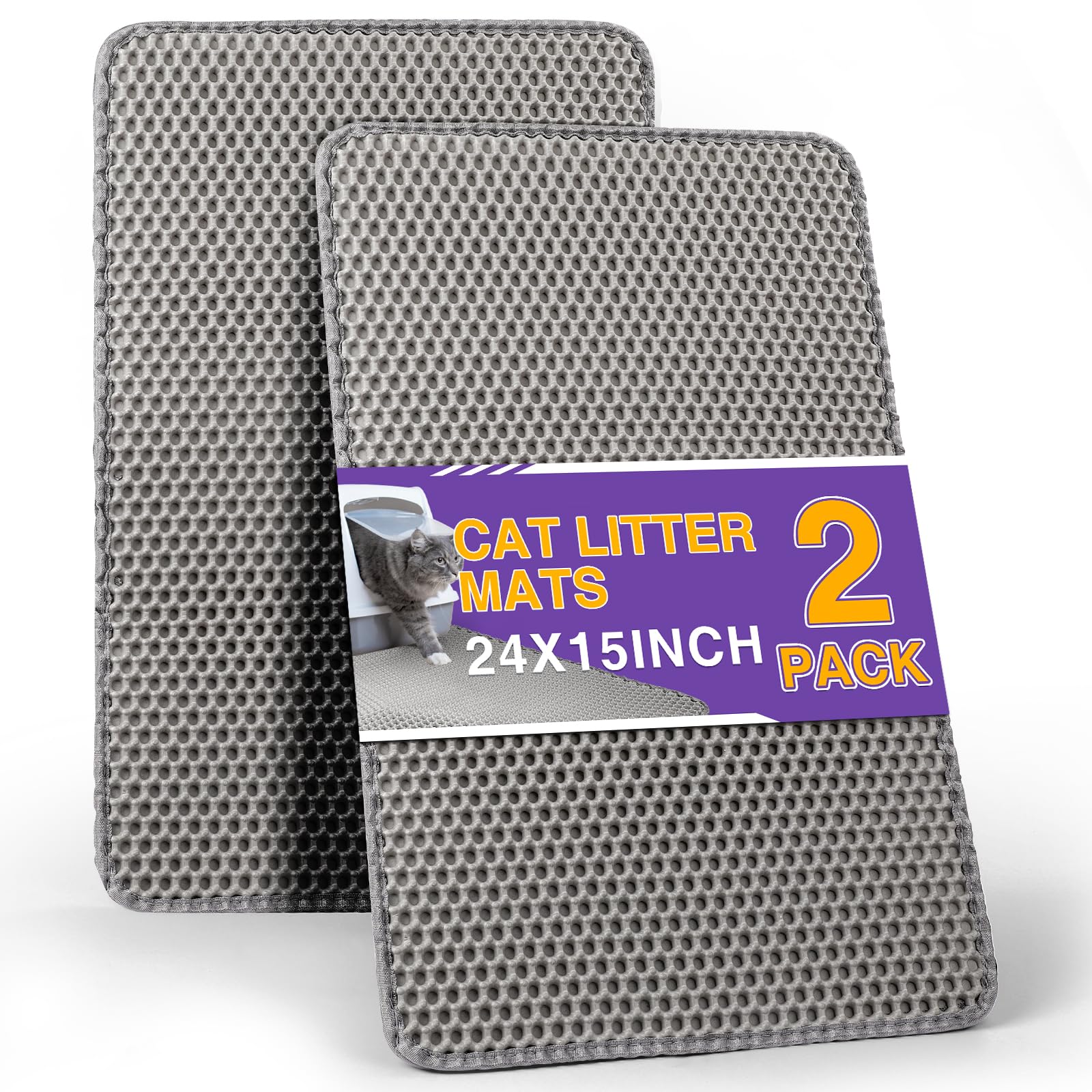 FURWEY Cat Litter Mat Double Layer Waterproof Urine Proof Trapping Mat 2 Pack (Gray, 24x15 Inch)
