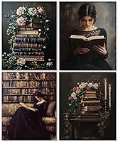 LUKIPOM Vintage Moody Book Wall Art Posters Set of 4 - Dark Academia Victorian Woman Reader Prints, 8x10 Unframed Reading Nook Library Decor