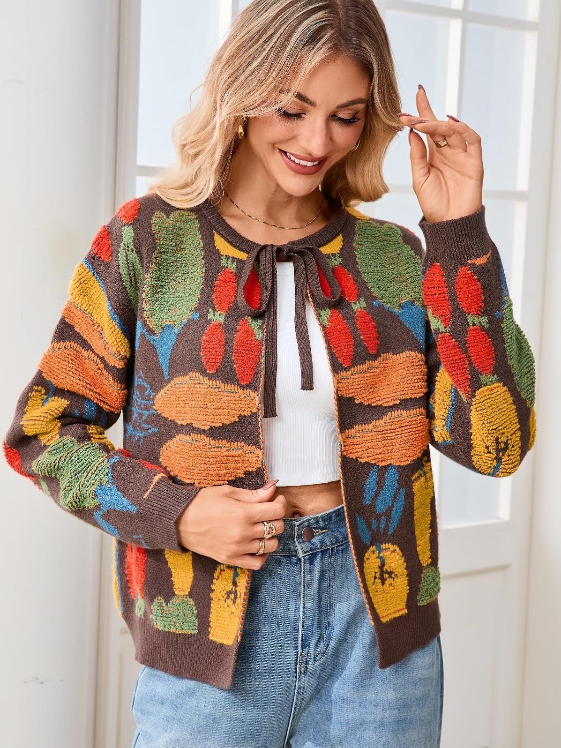 Women's Embellished Cardigan Sweater Tie Front Oversized Long Sleeve Open Front Y2K Knit Cardigans image 5