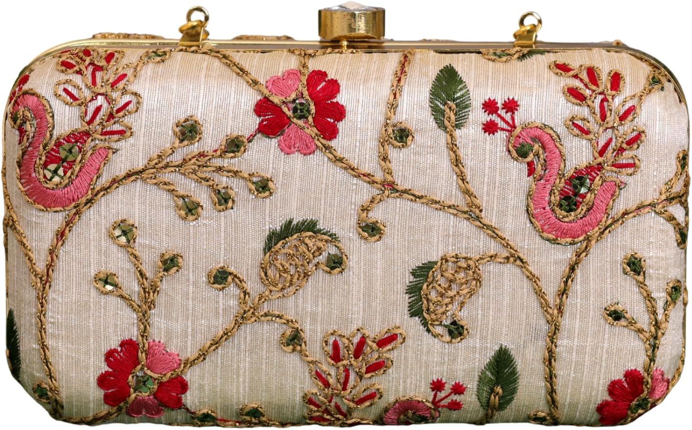 Women’s Embroidered Evening Clutch Purse Ethnic Floral Hard Case Party Bag with Chain Strap Wedding & Festival Handbag