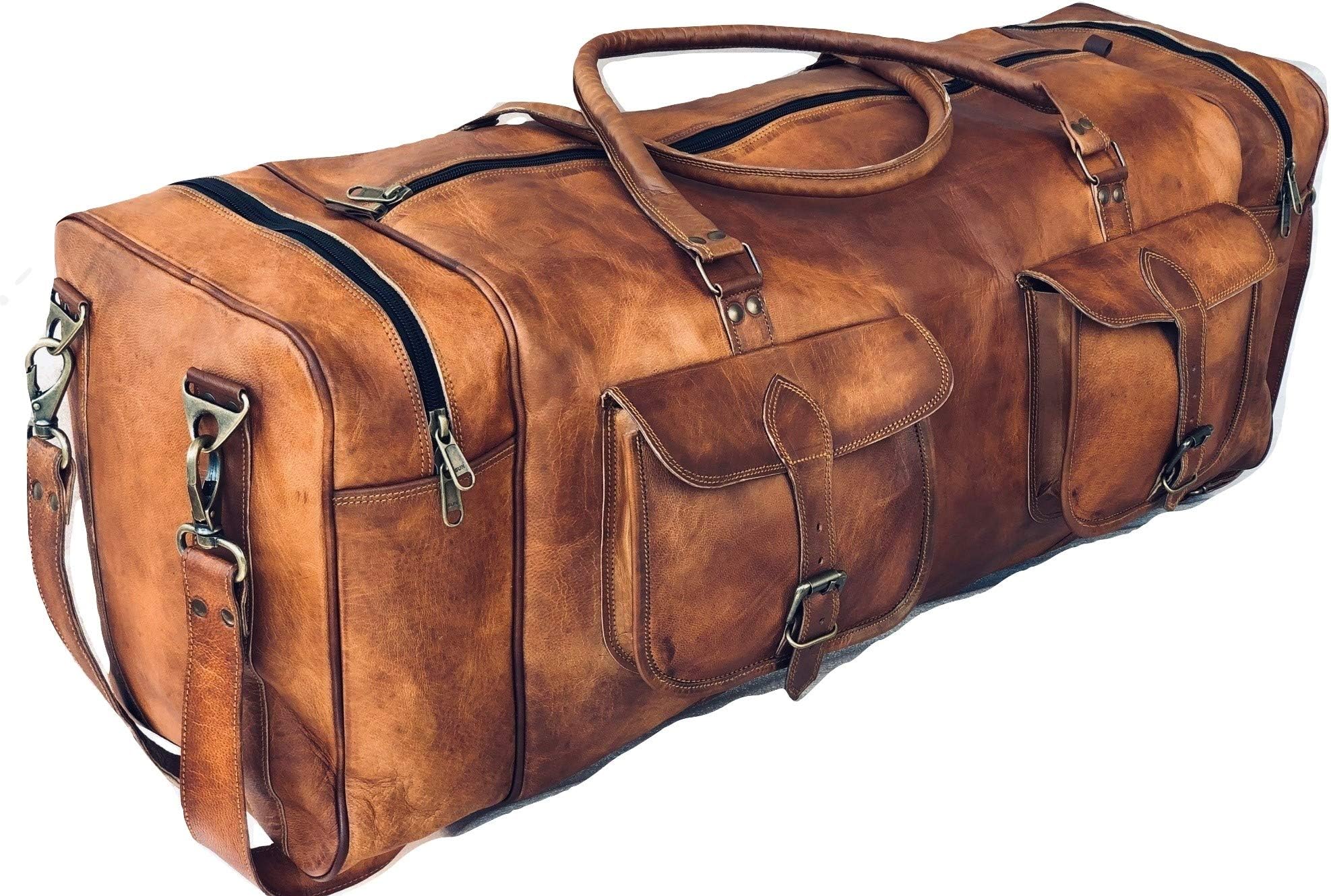 vintage craftsLeather Duffel Bag Large 32 Inch Square Duffel Travel Gym Sports Weekender Luggage Bag For Men And Women