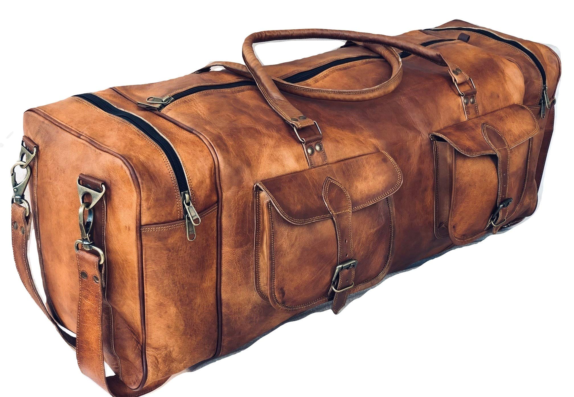 vintage craftsLeather Duffel Bag Large 32 Inch Square Duffel Travel Gym Sports Weekender Luggage Bag For Men And Women