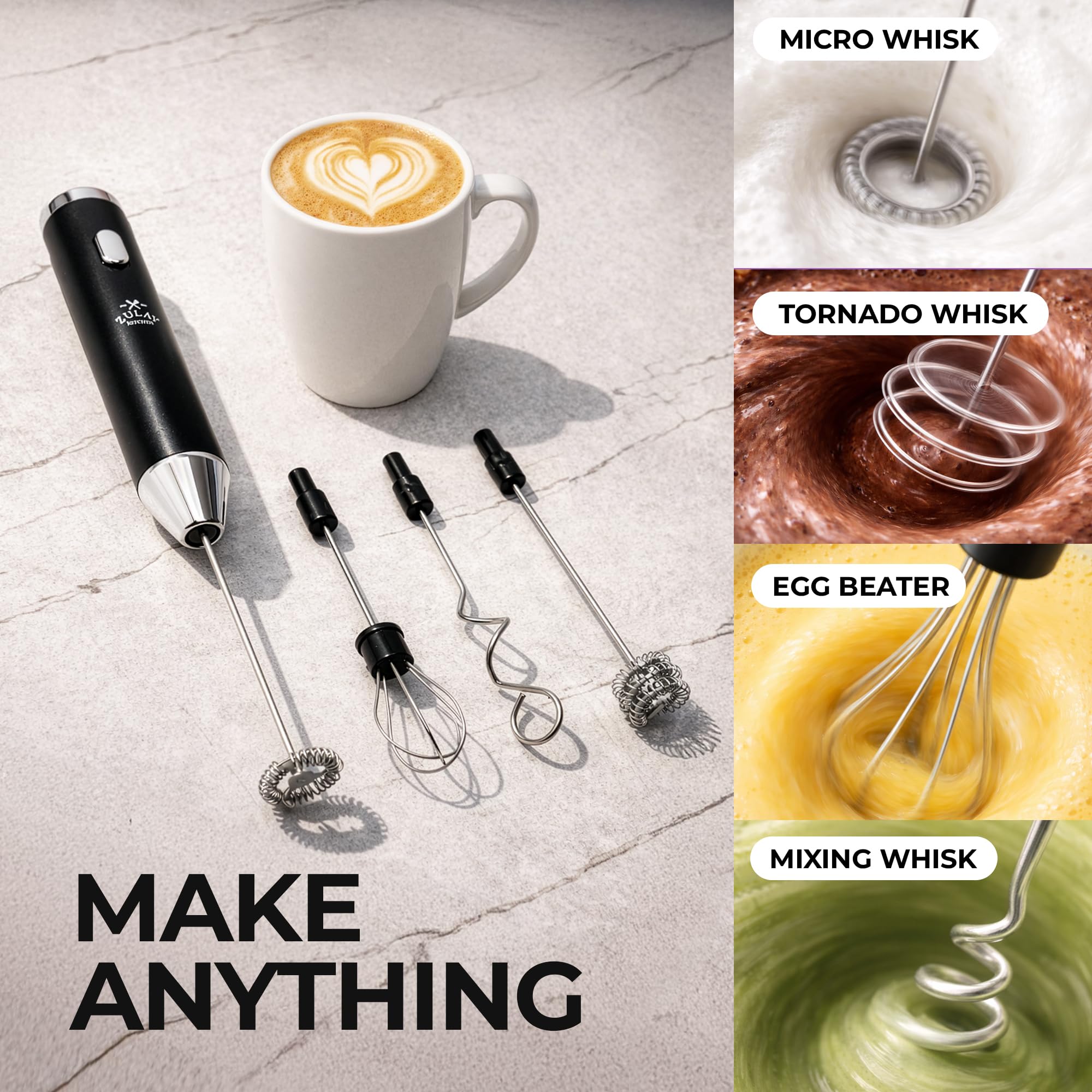 Zulay Kitchen Mousseur à lait portable rechargeable – Baguette à mousser – Mélangeur de boissons, fouet électrique pour cappuccinos, matcha et poudre de protéines – 4 fouets ultra métalliques, 1800