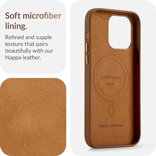 Miniatura 5 de LONLI Classic - (para iPhone 14 Pro Max) - Funda de piel de napa europea - suaviza y suaviza con el tiempo - Compatible con Magsafe - Marrón sillín