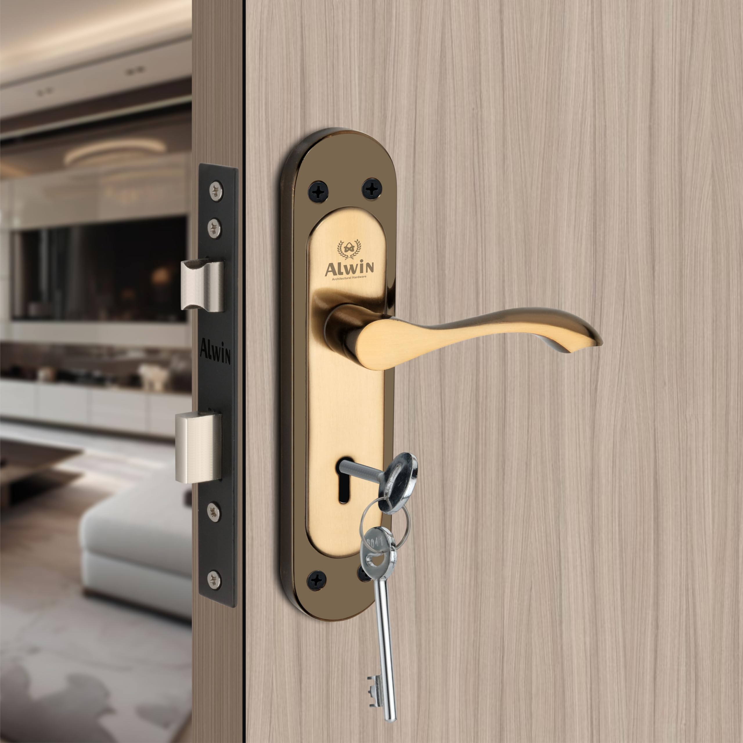 Alwin Royal Oval BG, 8'' Iron Mortise Lockset, 6-Lever, 2 Turn Locking Suitable for Left & Right Handed Maindoor, Bedroom, Living Hall Door in Home, Offices & Hospitals(Black & Gold)