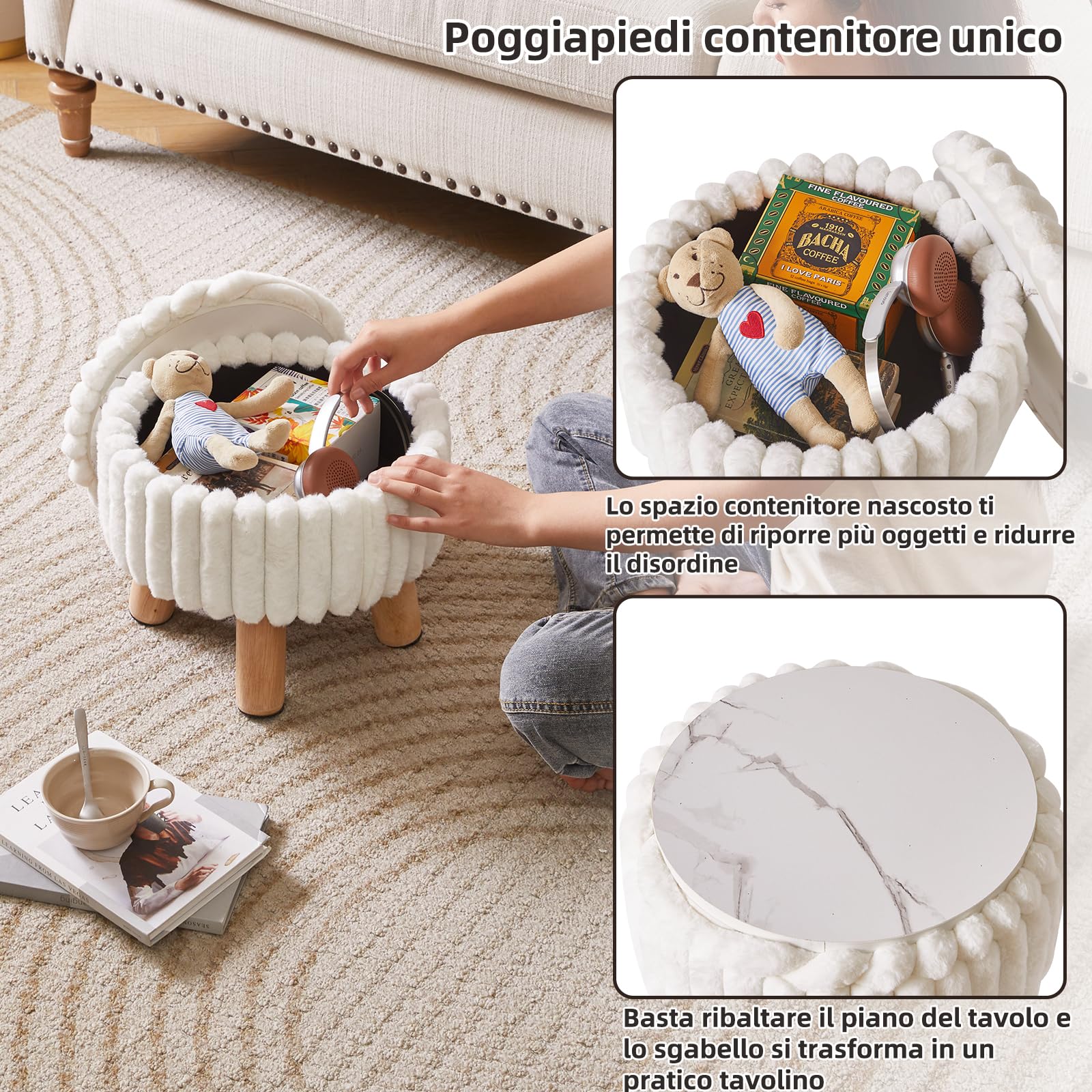 Aibiju Pouf Piccolo con Contenitore, Pouf Rotondo in Velluto con Gambe in Legno, Tavolino, Poggiapiedi, Seduta Extra per Ingresso, Soggiorno, Camera da Letto, Bianco YD-JD153W