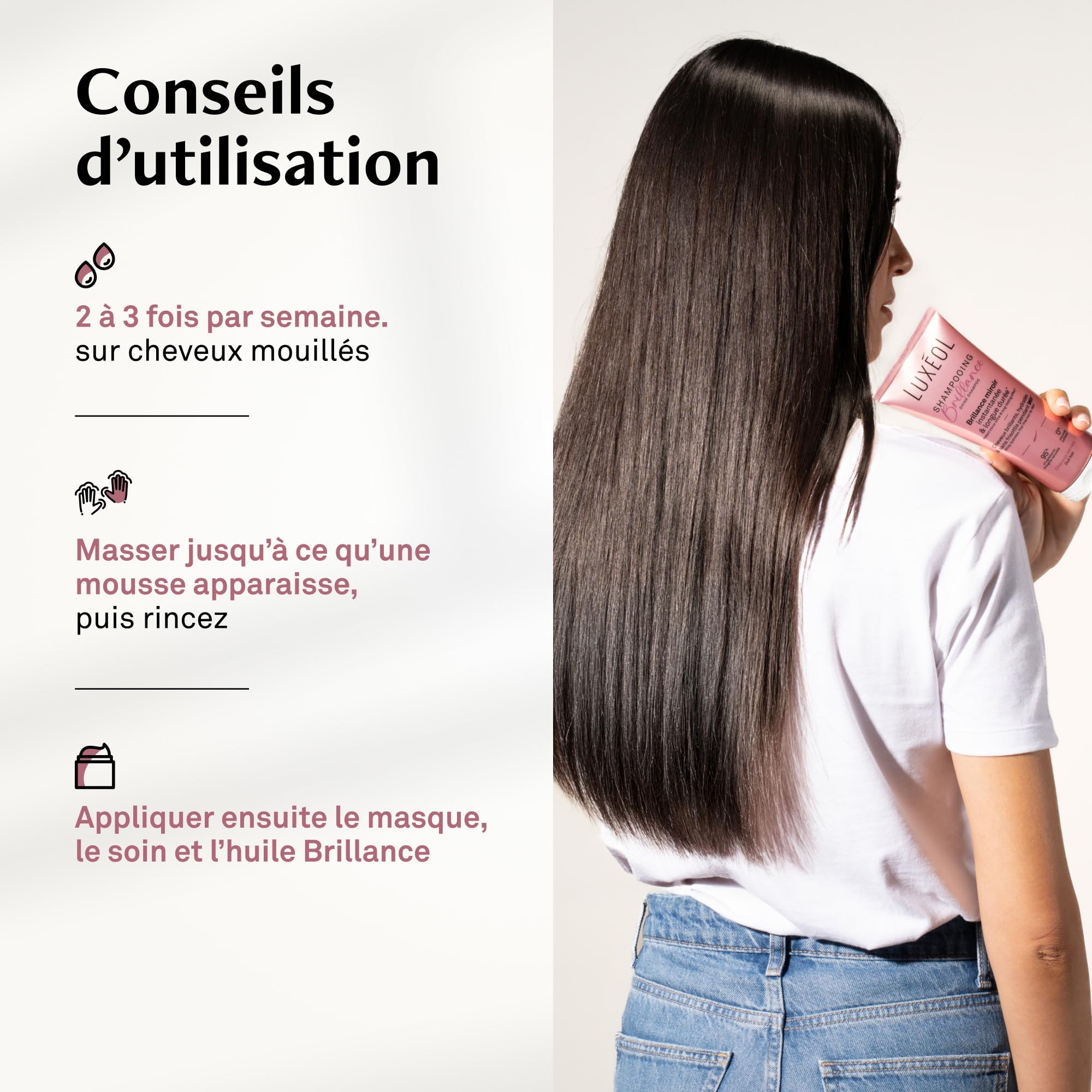 LUXEOL - Shampooing Brillance - Pour des cheveux brillants, hydratés et sans frisottis pendant 96h* - 95% Ingrédients d'Origine Naturelle - Fabriqué en France - 200 ml