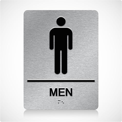 ADA Braille - Letrero de baño para hombre con cinta 3M de doble cara - Letrero de baño de aluminio para hombre, 6 x 8 pulgadas, para oficinas y
