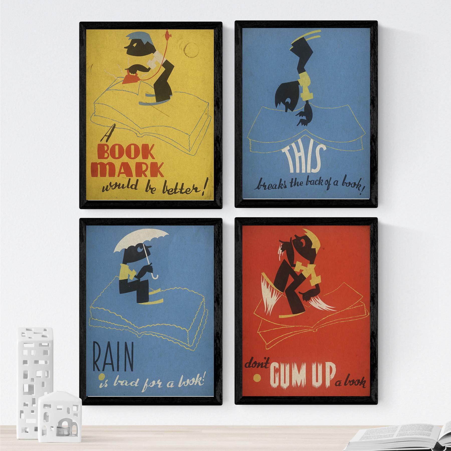 Nacnic Posters vintage. Old posters with ads. Four vintage posters and books library. A3 size