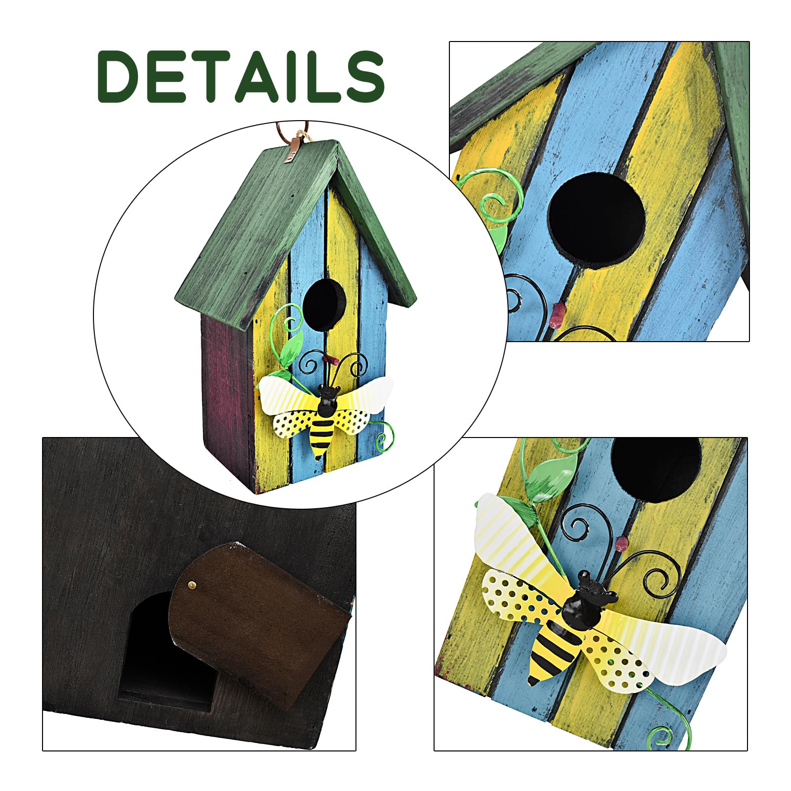 Casetta per uccelli decorativa in legno da appendere, dipinta a mano, per esterni, giardino, mangiatoia per uccelli per fringuelli, colibrì, cardinali, campanuli, passeri, cincate (ape)
