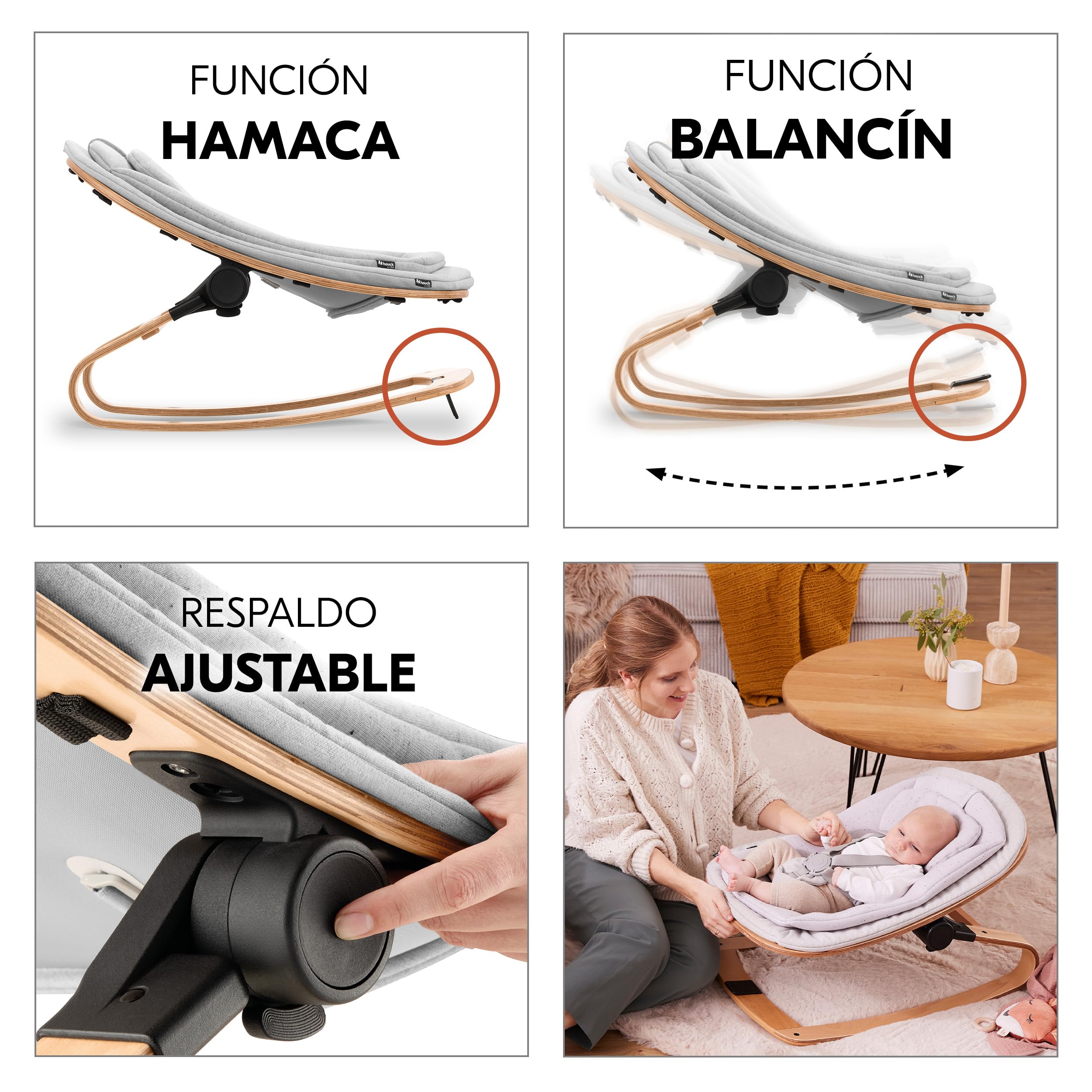 hauck Alpha Move Newborn Set Eco Bouncer Trona de Madera para Bebé desde el Nacimiento - Sillas Tronas para Niños con Hamaca Recién Nacidos Cojín y Bandeja - Natural