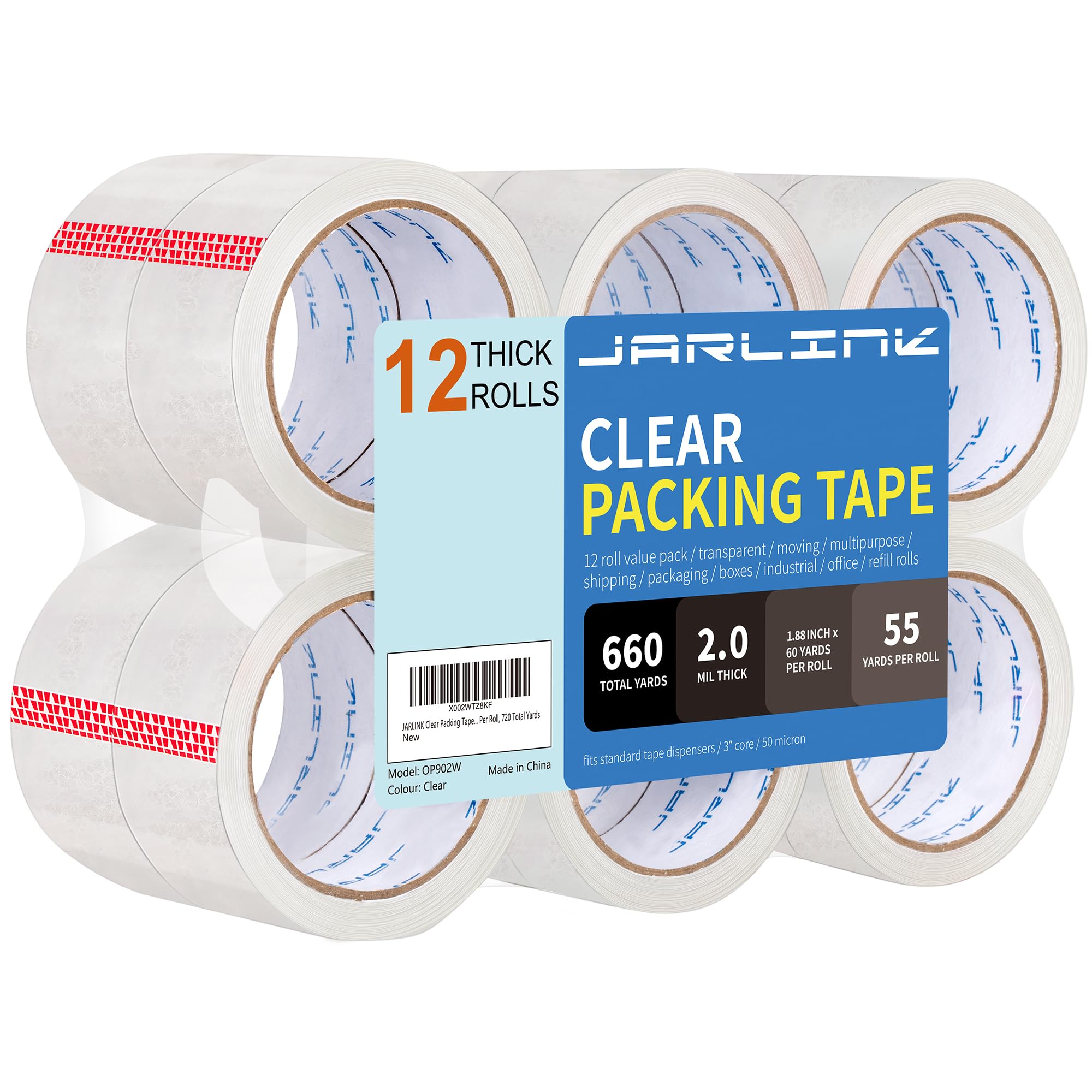 JARLINK Clear Packing Tape (12 Rolls), Heavy Duty Packaging Tape for Shipping Packaging Moving Sealing, 1.88 inches Wide, 55 Yards Per Roll, 660 Total