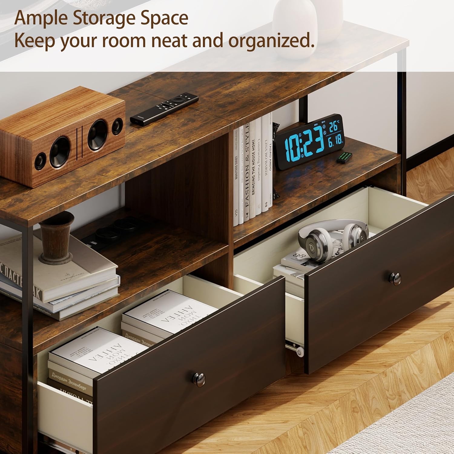 Rustic Brown TV Stand with Storage & Power Outlet for 43-55 Inch TV, Modern Wooden Entertainment Center with Drawers & Open Shelves, Sturdy Media Console for Living Room or Bedroom - Image 7