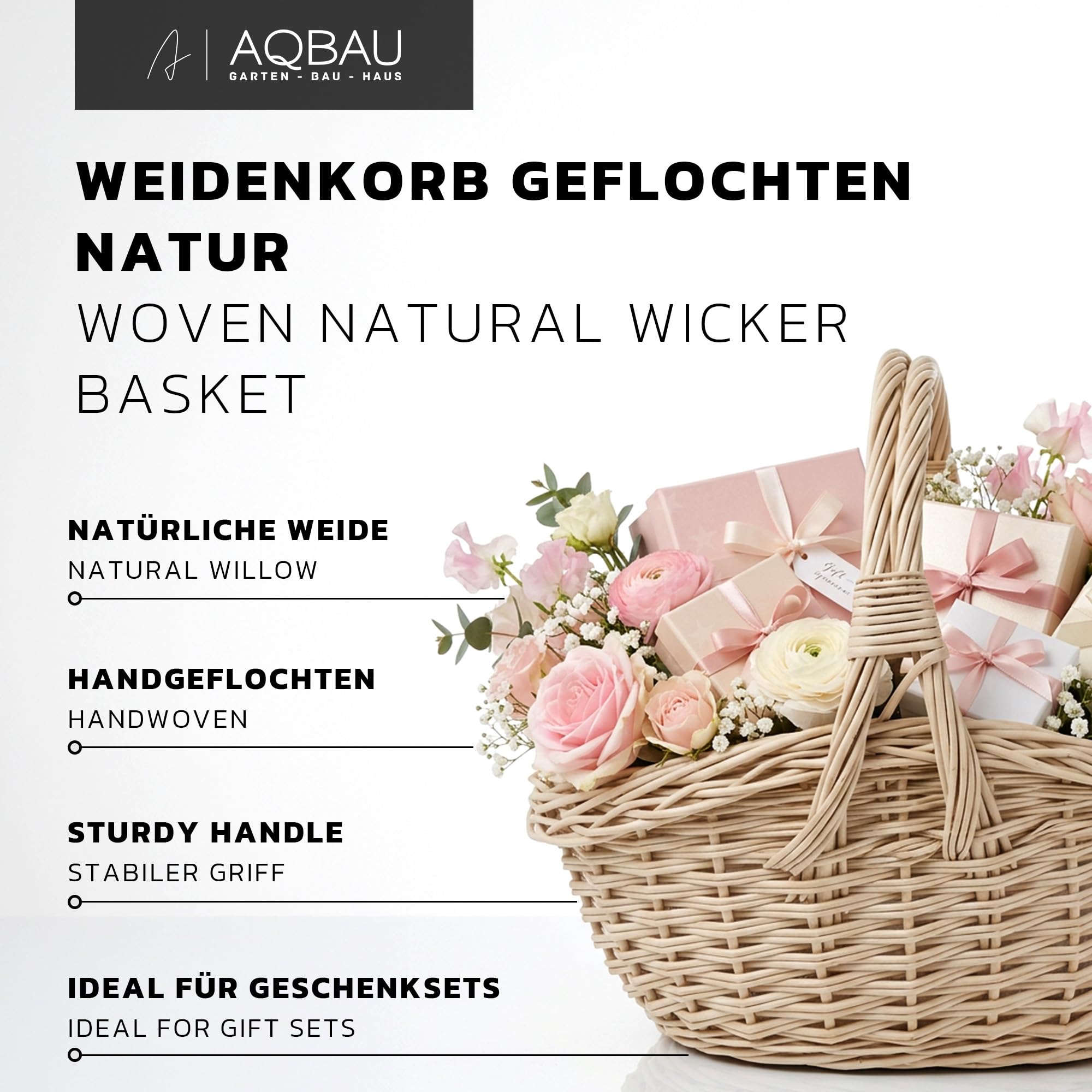 Geschenkkorb leer mit Henkel weiß S 34 x 25 cm | Geflochtener Weidenkorb als Präsentkorb, Blumenkorb, Osterkorb oder Dekokorb zum Befüllen und Dekorieren