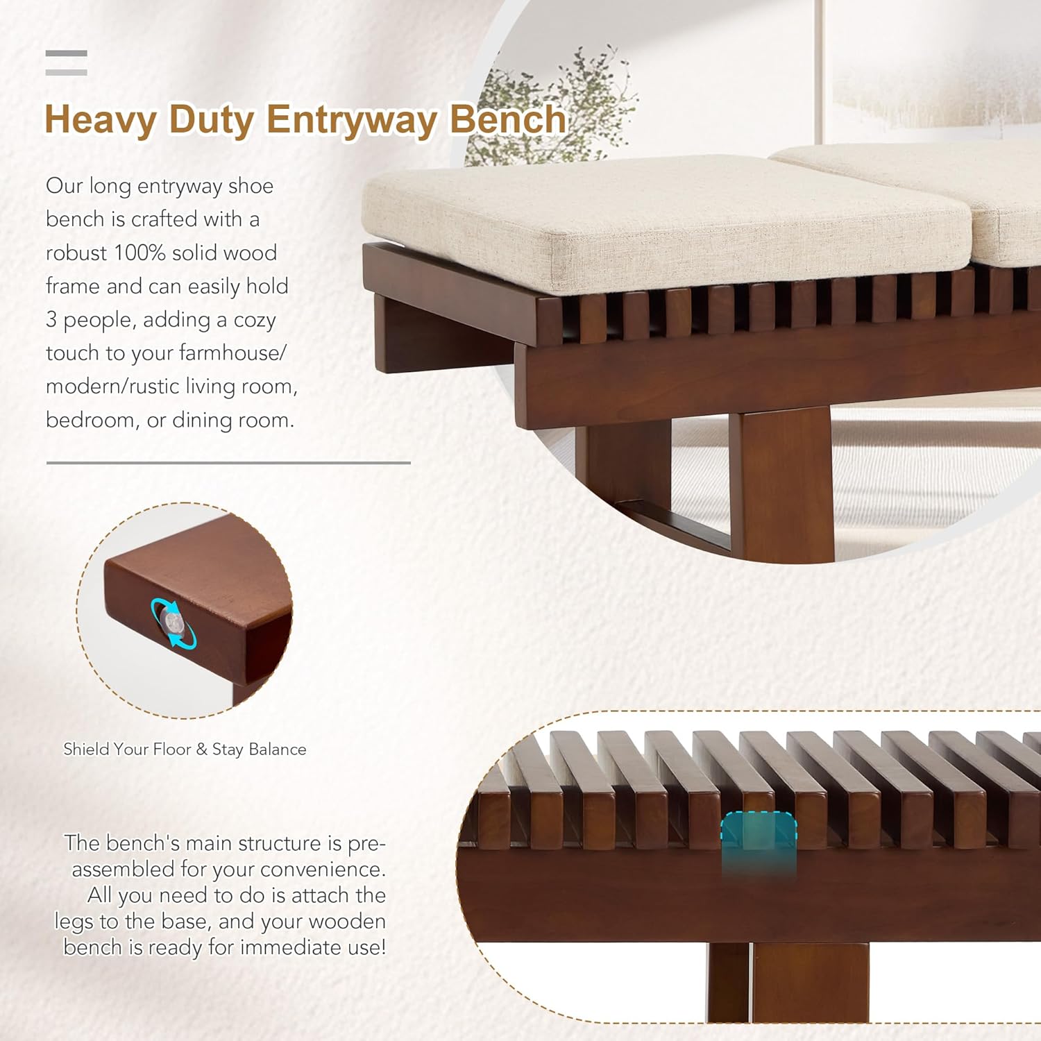 ONEVOG 59.4" Entryway Shoe Bench with Natural Solid Wood Frame & Cushions, Farmhouse Upholstered Narrow Bench Seat Indoor for Extra Long Dining Table, Hallway, End of Bed, Kitchen (Walnut/Beige)
