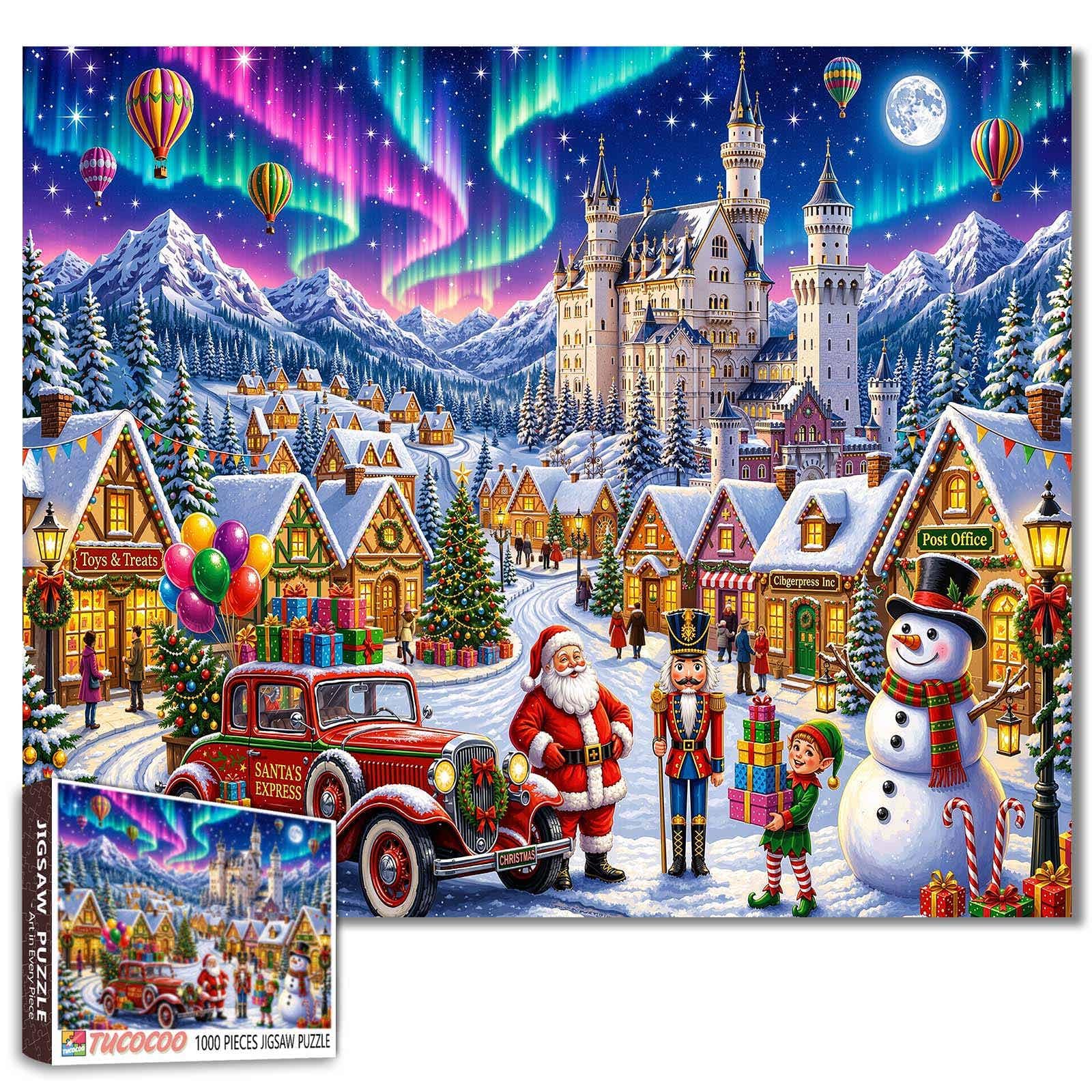 Neuschwanstein Christmas Village Jigsaw Puzzles for Adults 1000 Pieces Santa Claus Northern Lights Castle Scene DIY Puzzles Family Games Holiday Wall Decor Gifts 19.7 x 27.6 Inch โ image 1