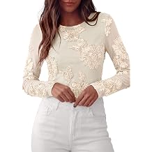 PRETTYGARDEN Womens Mesh Long Sleeve Embroidered Floral Tops Fall Blouses