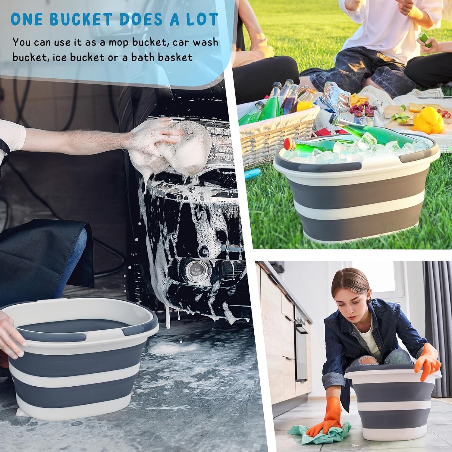 Collapsible Water Bucket with Handle, 10L(2.6 Gallon) Foldable Plastic Bucket for Mopping, Window Cleaning, Car Washing, Fishing, Ice Buckets for Camping, Portable Household Organizer Caddy