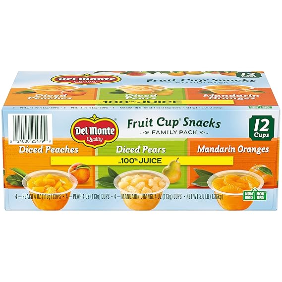 Del Monte Fruit Cups Variety Pack, Diced Peaches, Diced Pears, Mandarin Oranges, 4oz (12 Count) | 100% Juice, Lunch Snacks, Fruit Cups