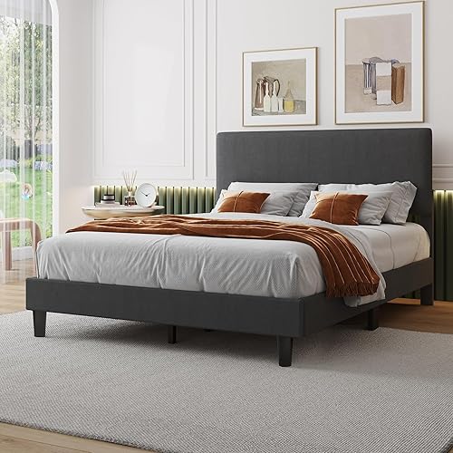 Miniatura 3 de Lifezone Base de cama Queen con cabecero, marco de cama tapizado de lino con soporte de listones de madera, no necesita somier, pies resistentes,